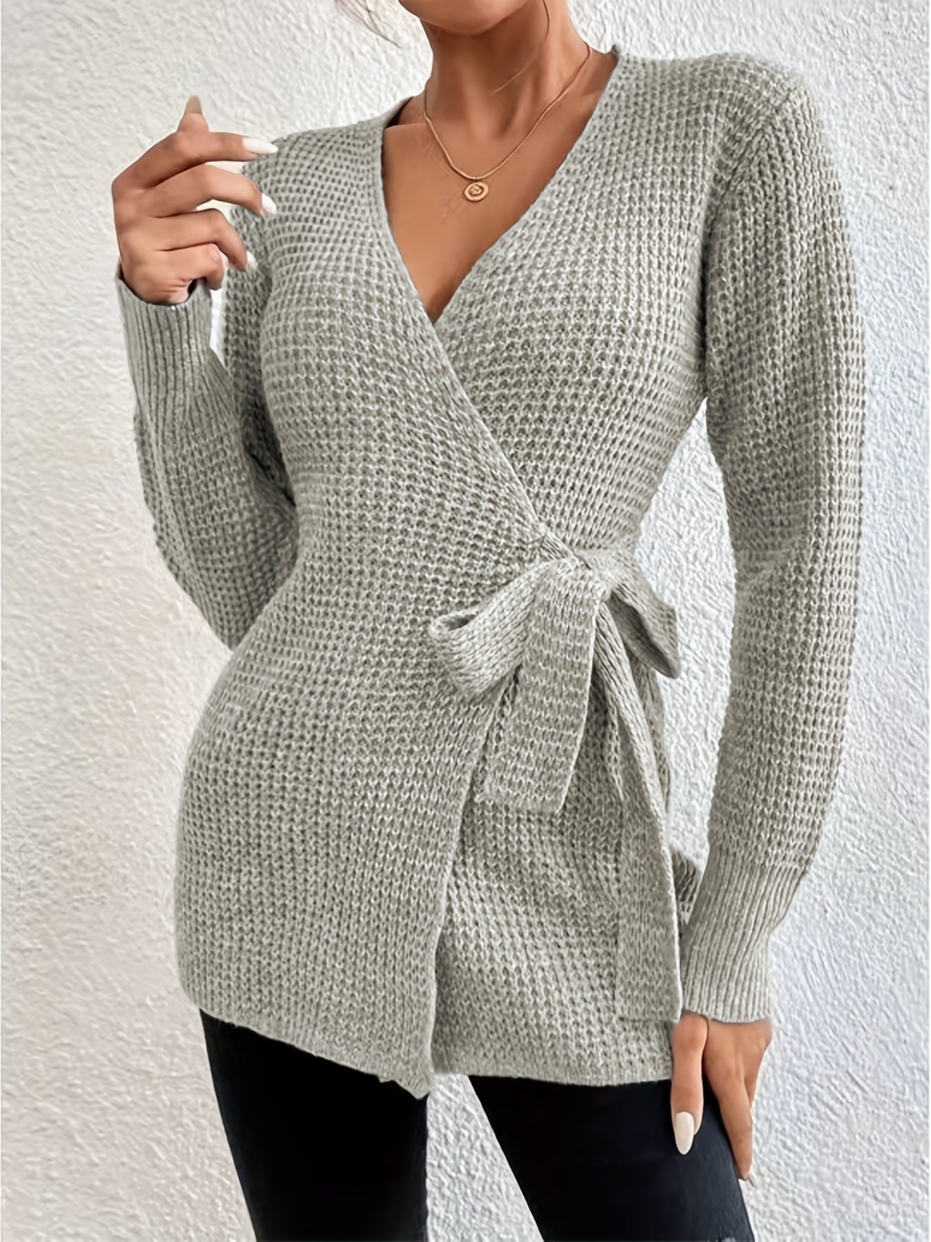 Sixsr Plus Size Casual Sweater, Women's Plus Solid Long Sleeve Surplice Neck Knot Wrap Jumper