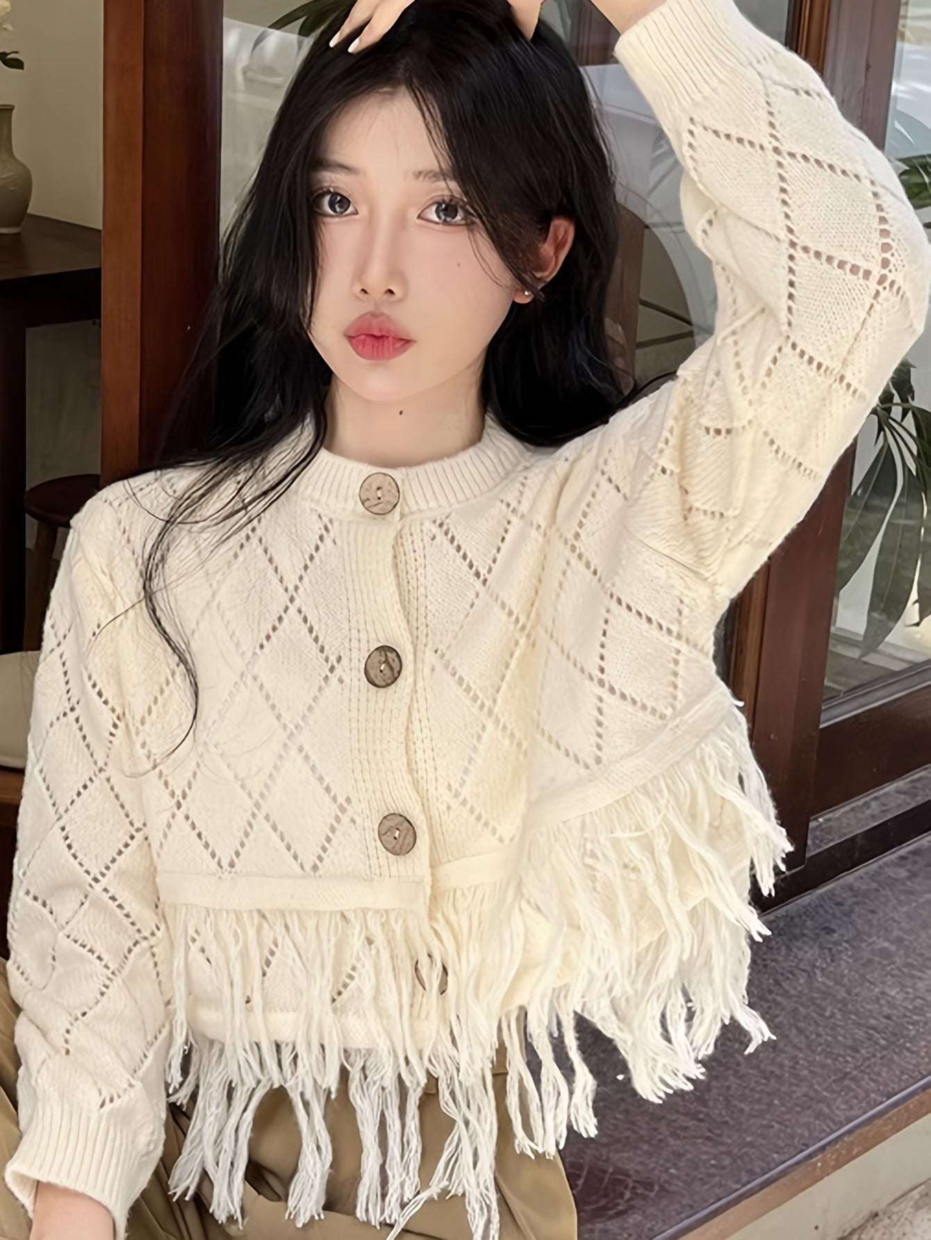 Sixsr Tassel Hem Pointelle Knit Cardigan, Preppy Long Sleeve Cardigan For Fall & Winter, Women's Clothing