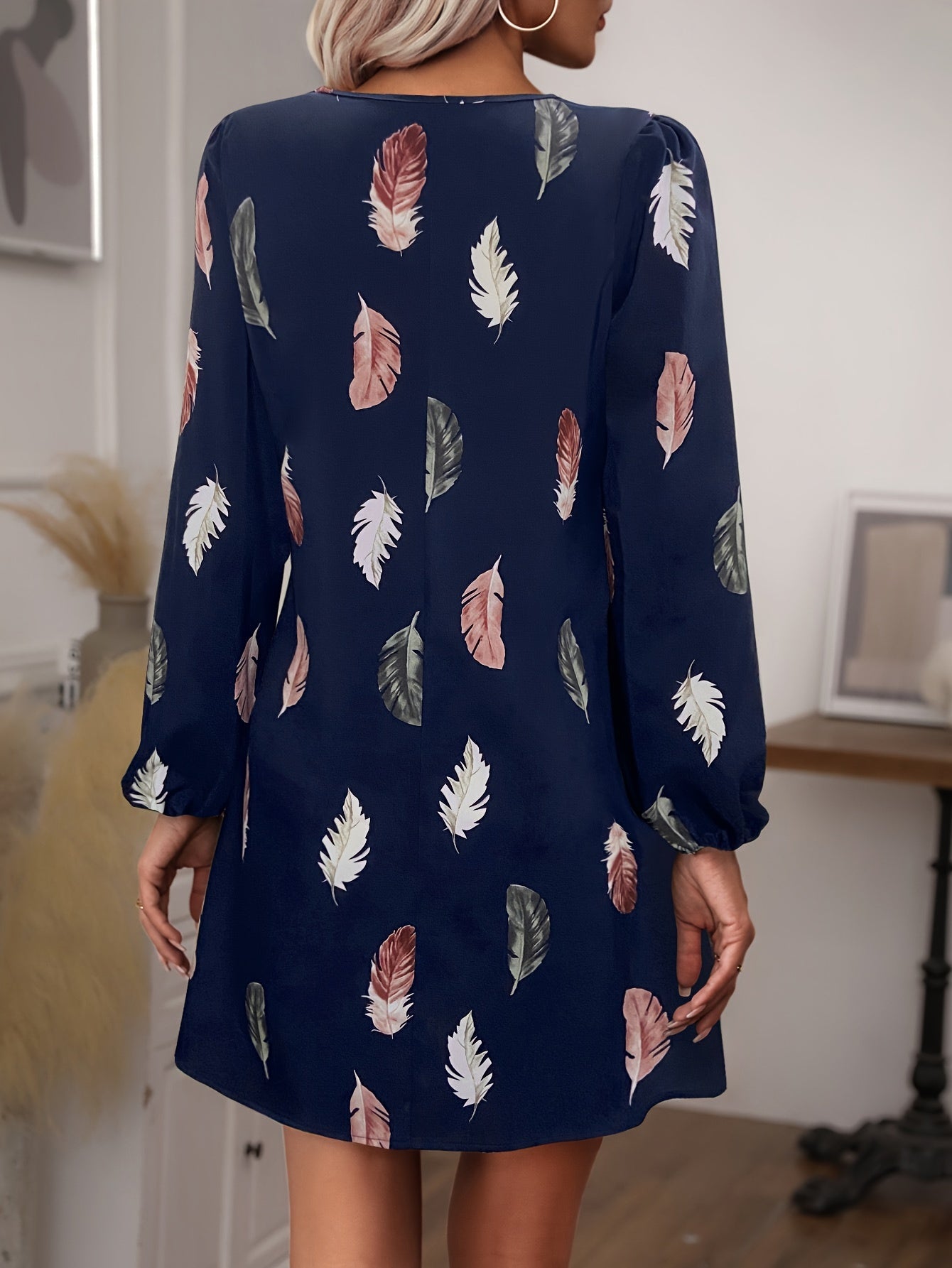 Sixsr Feather Print Lantern Sleeve Dress, V Neck A-line Dress, Women's Clothing