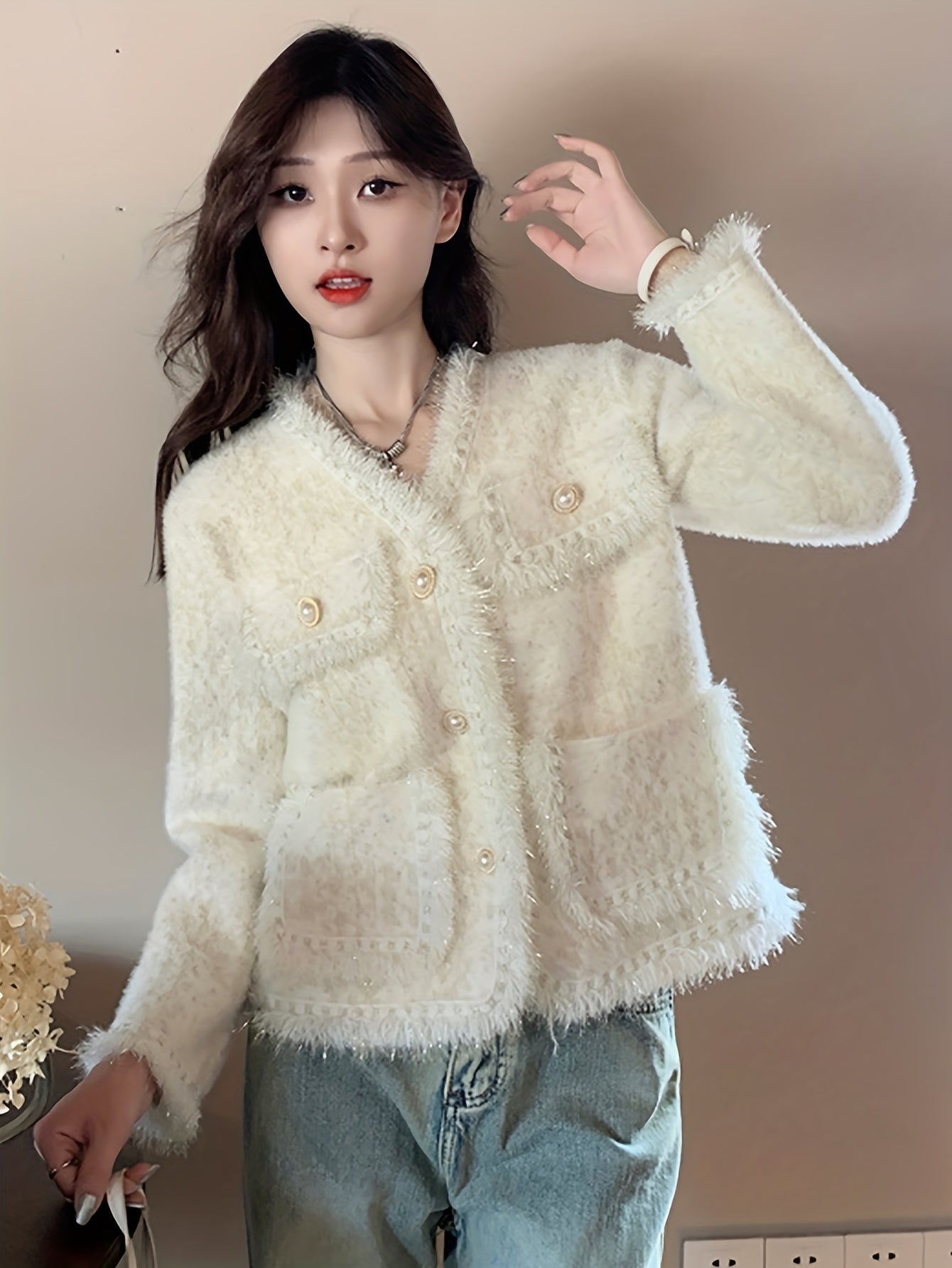 Sixsr Dual Pockets Button Front Cardigan, Elegant Long Sleeve Cardigan For Fall & Winter, Women's Clothing