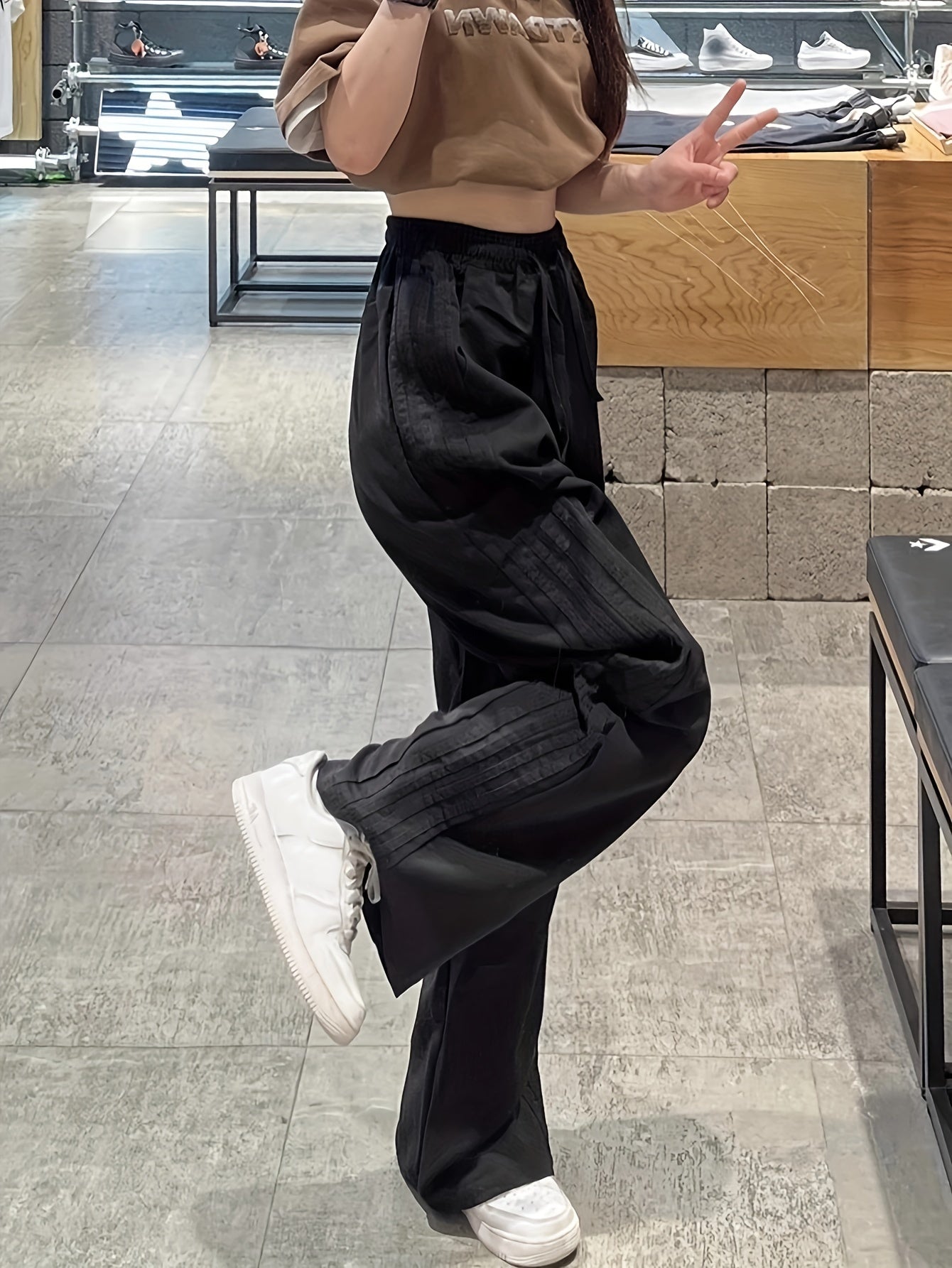 Sixsr Solid Drawstring Wide Leg Pants, Casual High Waist Long Length Loose Pants, Women's Clothing