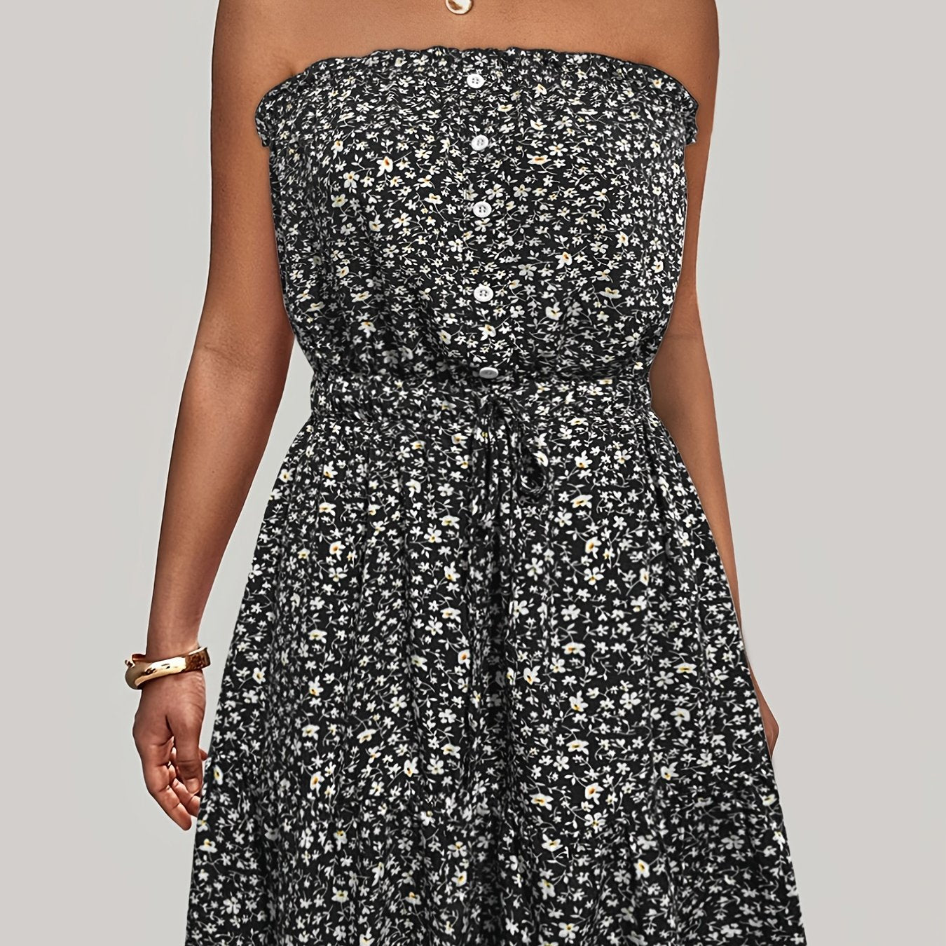 Sixsr Ditsy Floral Off Shoulder Dress, Sexy Sleeveless Drawstring Summer Dress, Women's Clothing