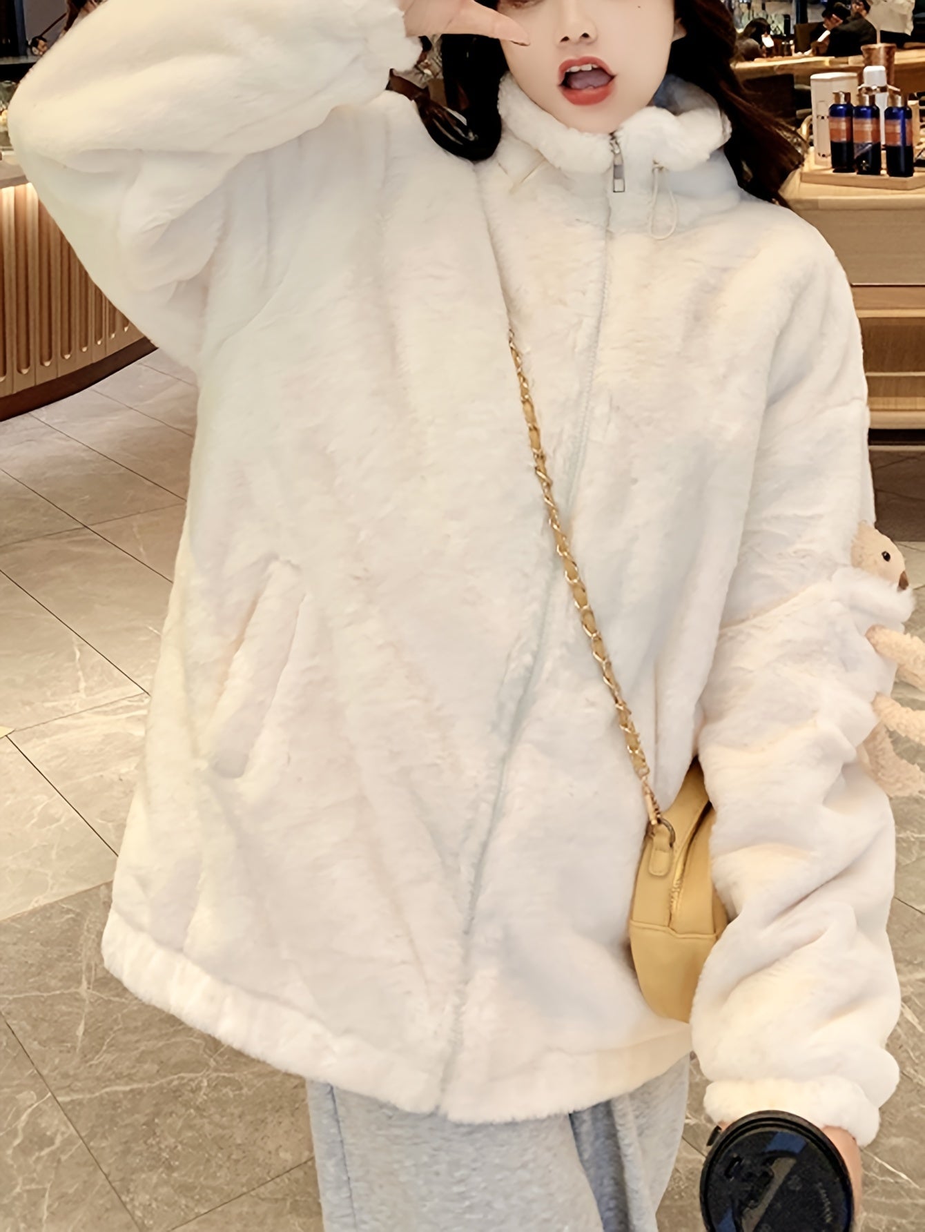 Sixsr Teddy Decor Zip Front Plush Coat, Long Sleeve Slant Pockets Outerwear For Fall & Winter, Women's Clothing