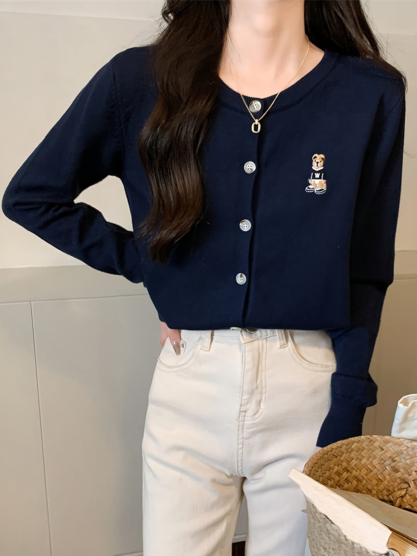 Sixsr Bear Pattern Button Front Cardigan, Casual Long Sleeve Cardigan For Spring & Fall, Women's Clothing