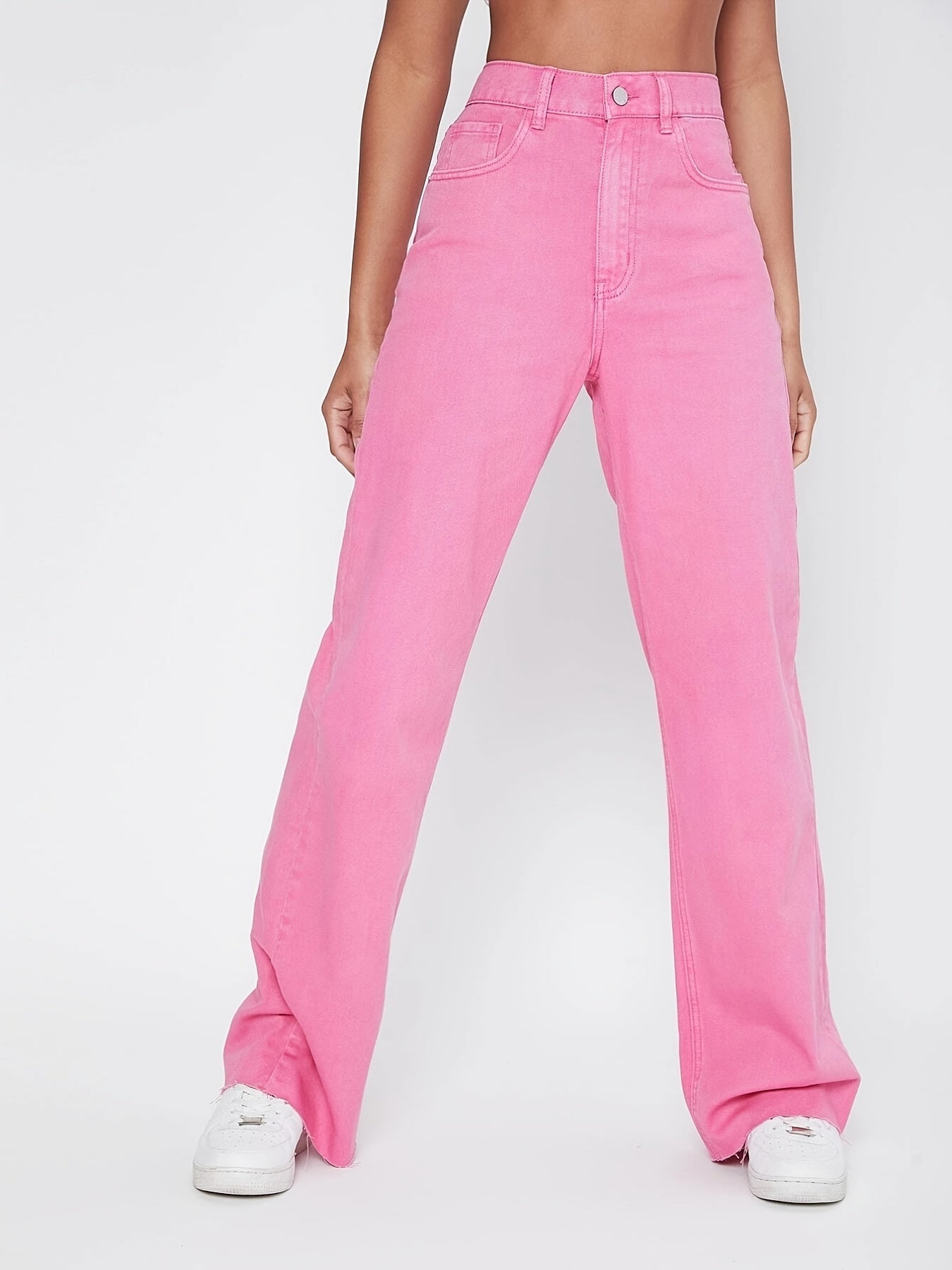 Sixsr Pink Raw Cut Straight Jeans, Loose Fit High Rise Slant Pockets Denim Pants, Women's Denim Jeans & Clothing