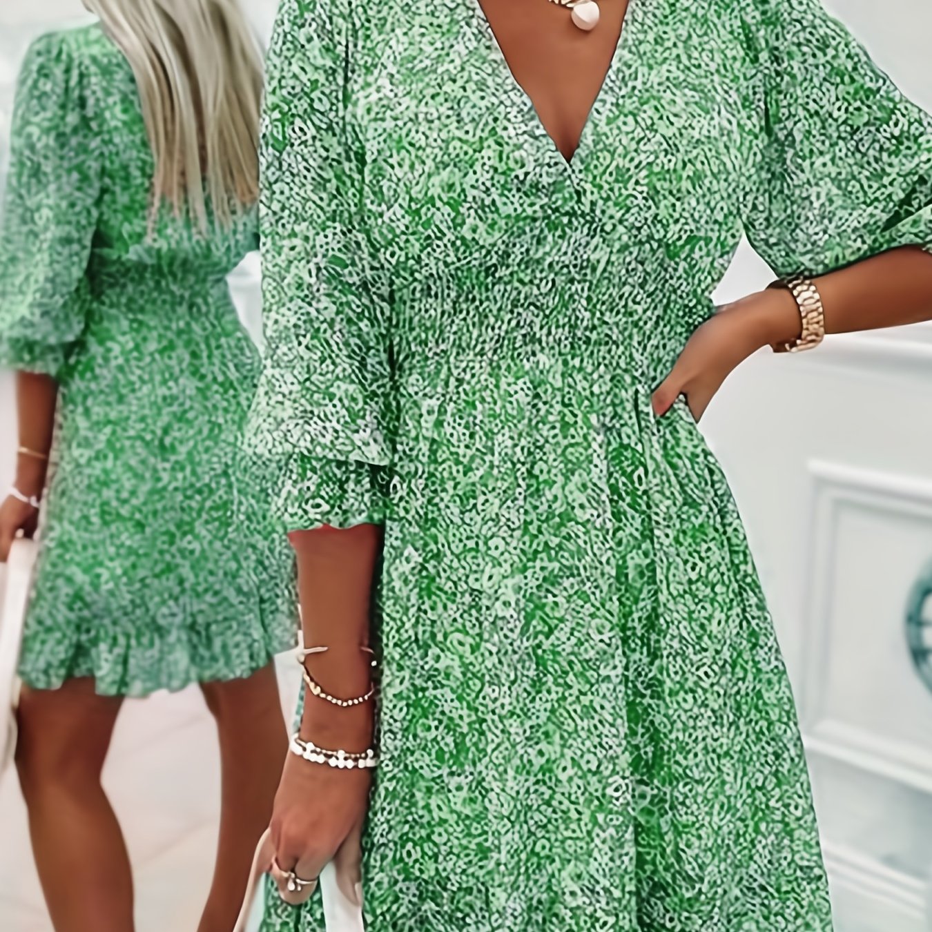 Sixsr Women's Dresses Puff Sleeve Floral Print Ruched Waist V-Neck Boho Dresses
