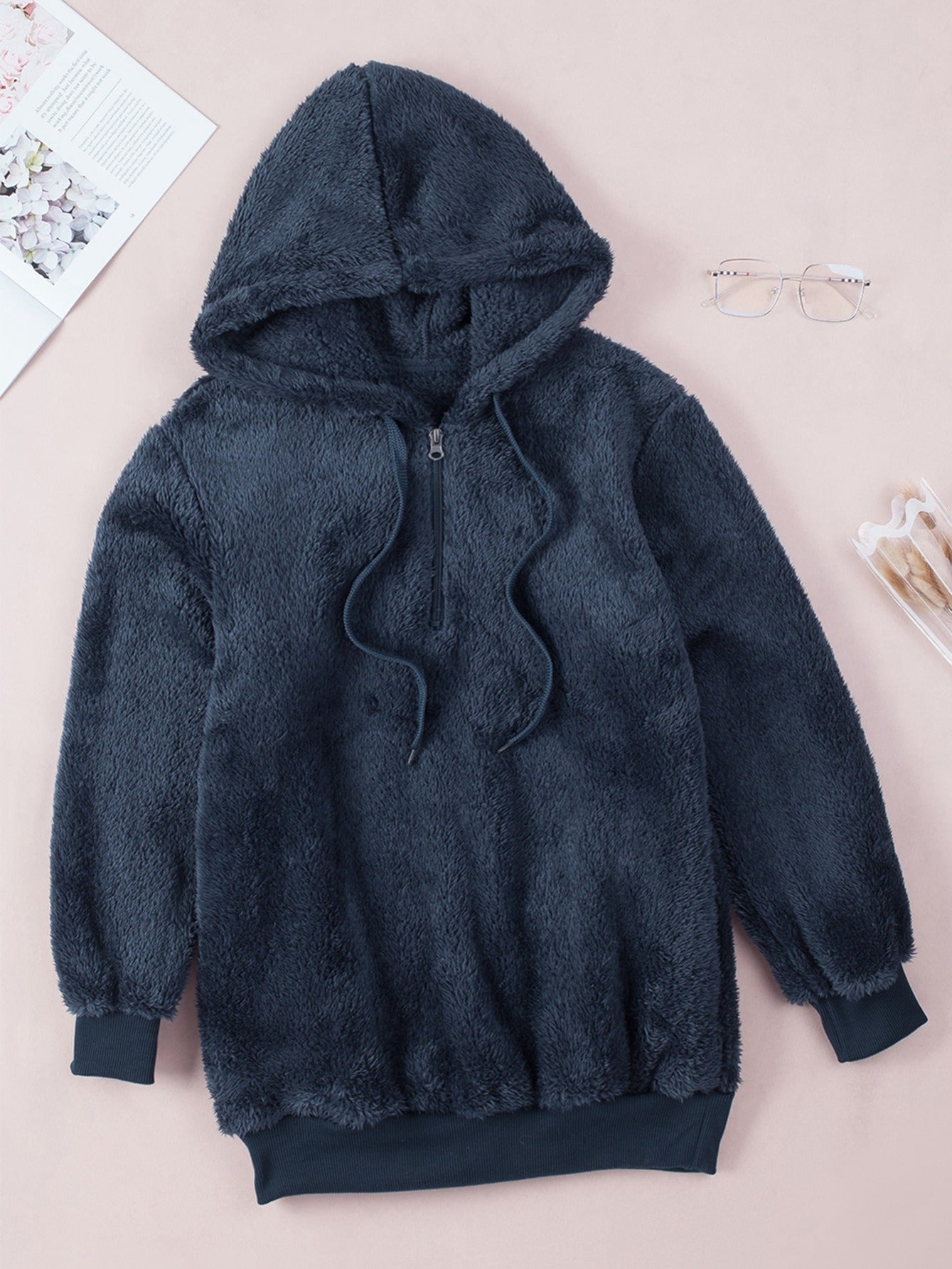 Sixsr Casual Drop Shoulder Drawstring Teddy Hoodie, Women's Solid Long Sleeve Half Zipper Sweatshirt Top