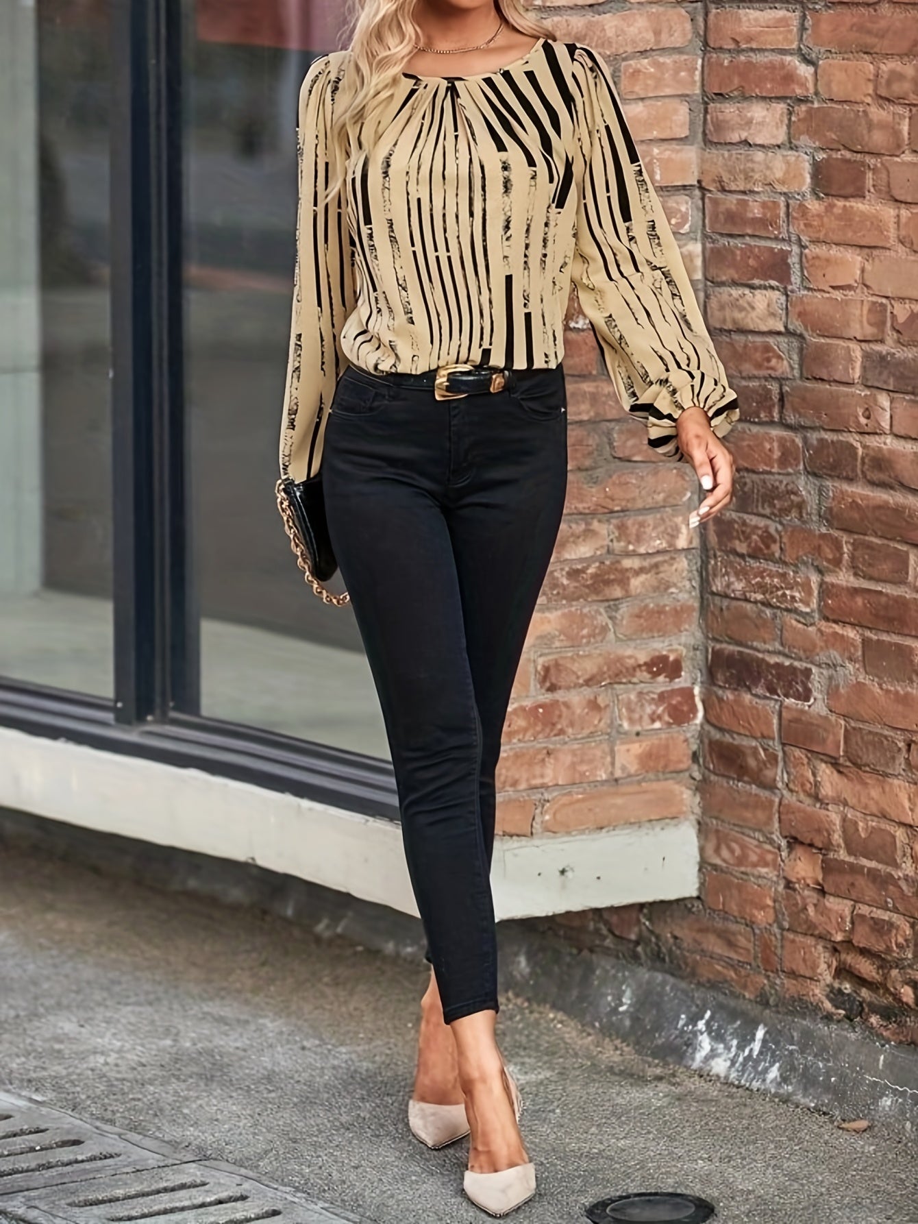Sixsr Striped Print Lantern Sleeve Blouse, Casual Crew Neck Blouse For Spring & Fall, Women's Clothing