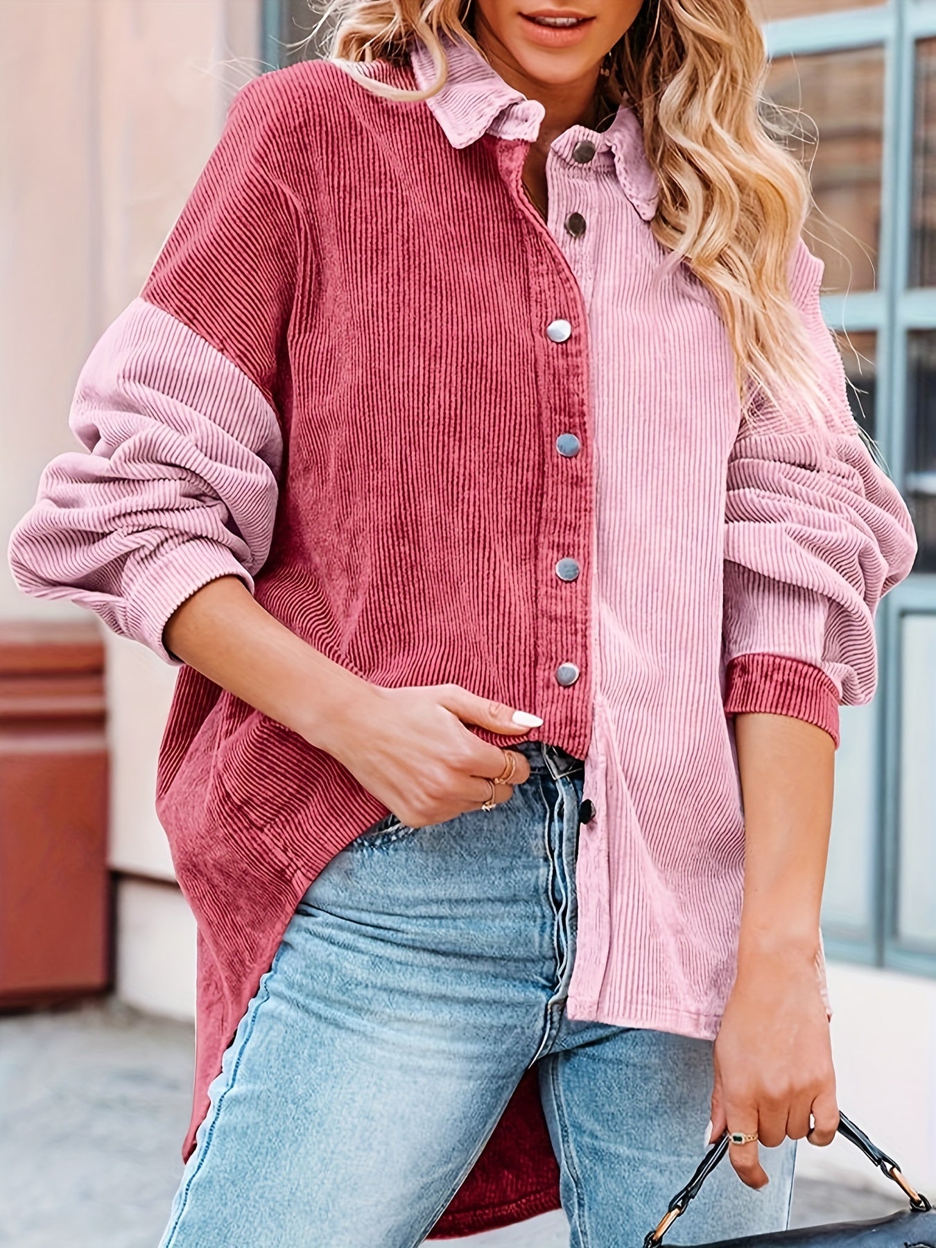 Sixsr Color Block Single Breasted Jacket, Vintage Corduroy Long Sleeve Outwear For Fall , Women's Clothing