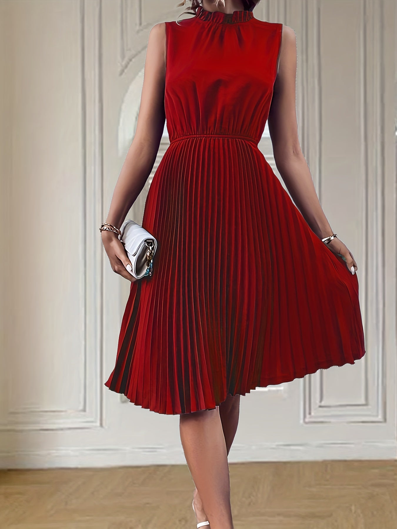 Pleated Sleeveless Dress, Casual Cinched Waist Solid Keyhole Dress, Women's Clothing