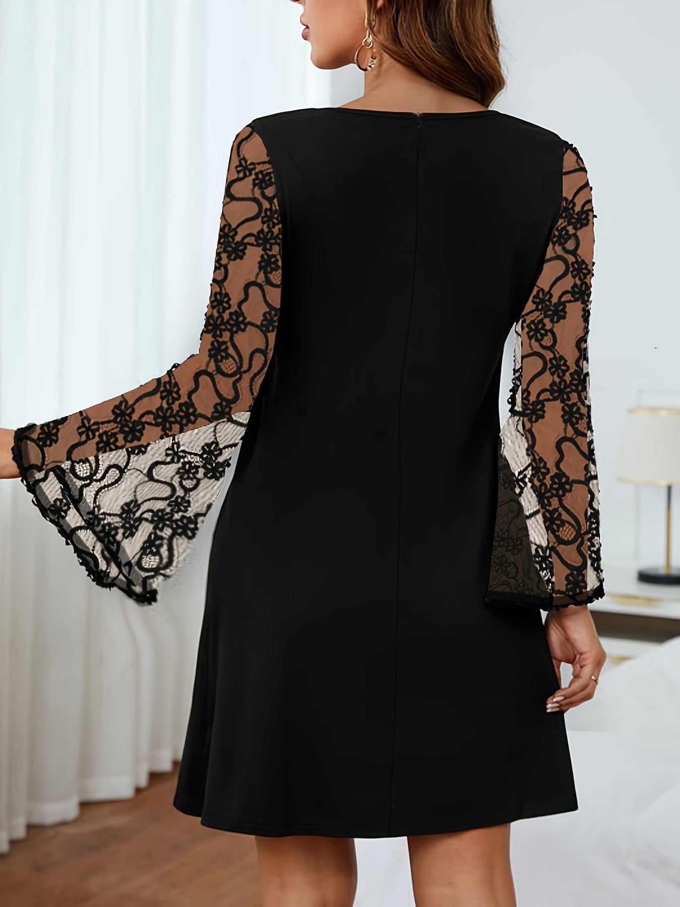 Sixsr Contrast Lace Solid Dress, Elegant Criss Cross V Neck Dress, Women's Clothing