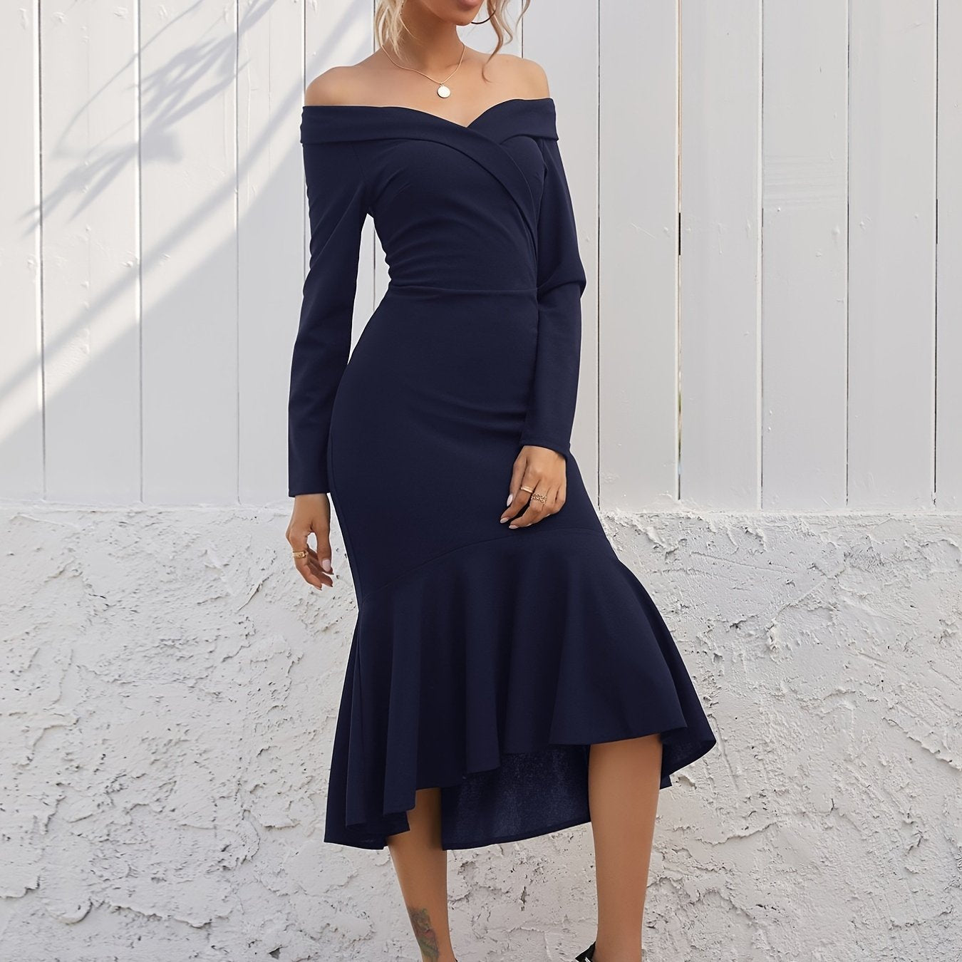 Sixsr Ruffle Hem Off Shoulder Dress, Elegant Long Sleeve Solid Dress, Women's Clothing