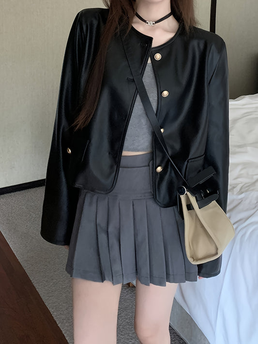 Sixsr Solid Button Front Crew Neck Coat, Elegant Long Sleeve Jacket For Every Day, Women's Clothing