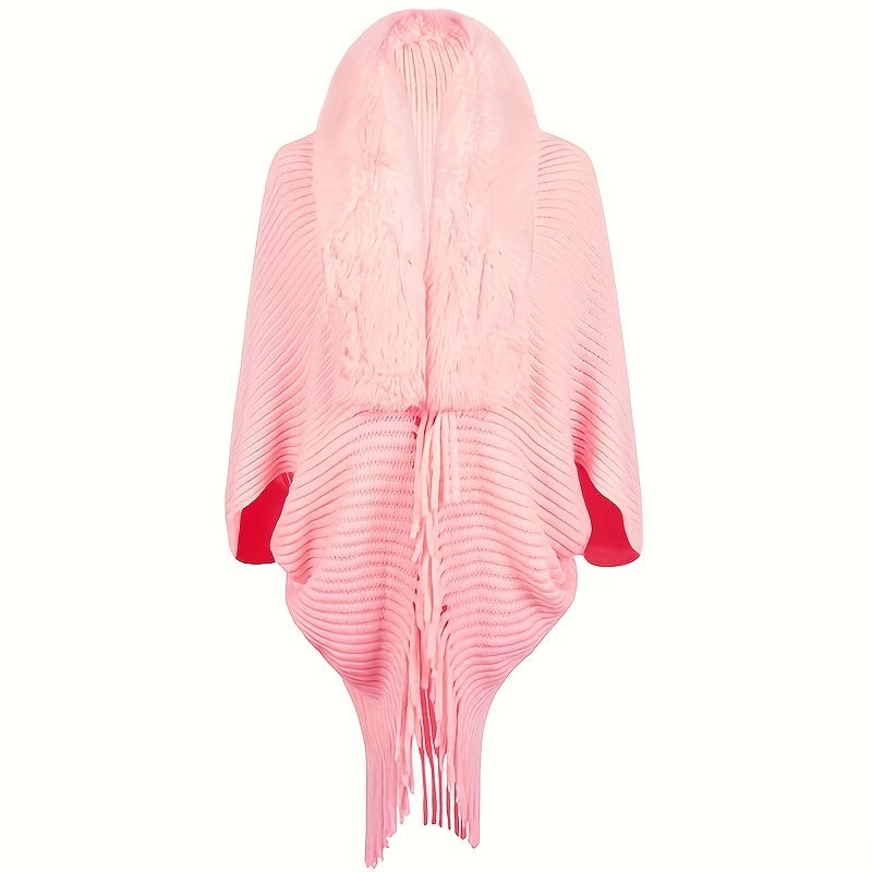 Sixsr Winter Faux Fur Collar Shawl Cape Solid Color Warm Shawl Coat Casual Loose Outer Wear Knit Shawl Wrap