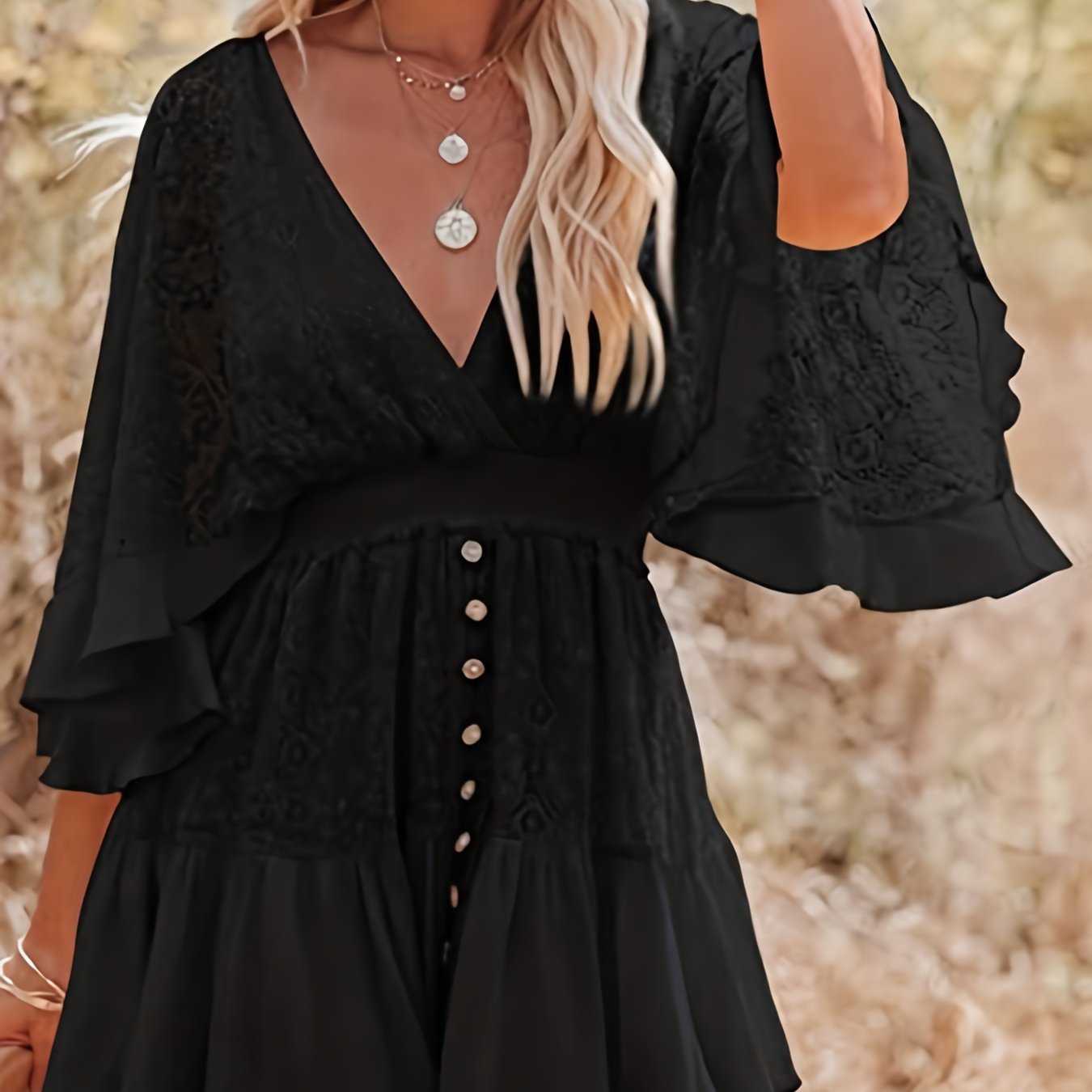 Sixsr Women's Dresses Casual Lace Patchwork Batwing Sleeve V Neck Fashion Summer Loose Dress