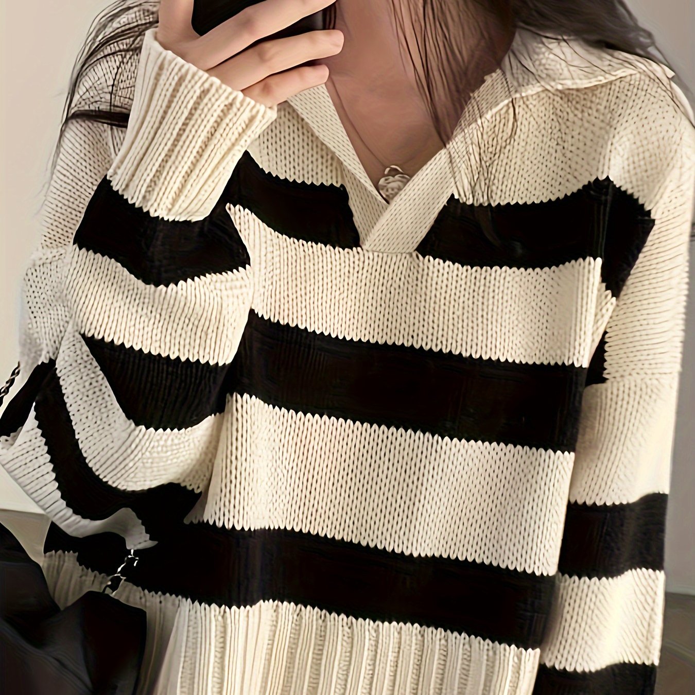 Sixsr Striped Turndown Collar Pullover Sweater, Casual Long Sleeve Loose Sweater, Women's Clothing