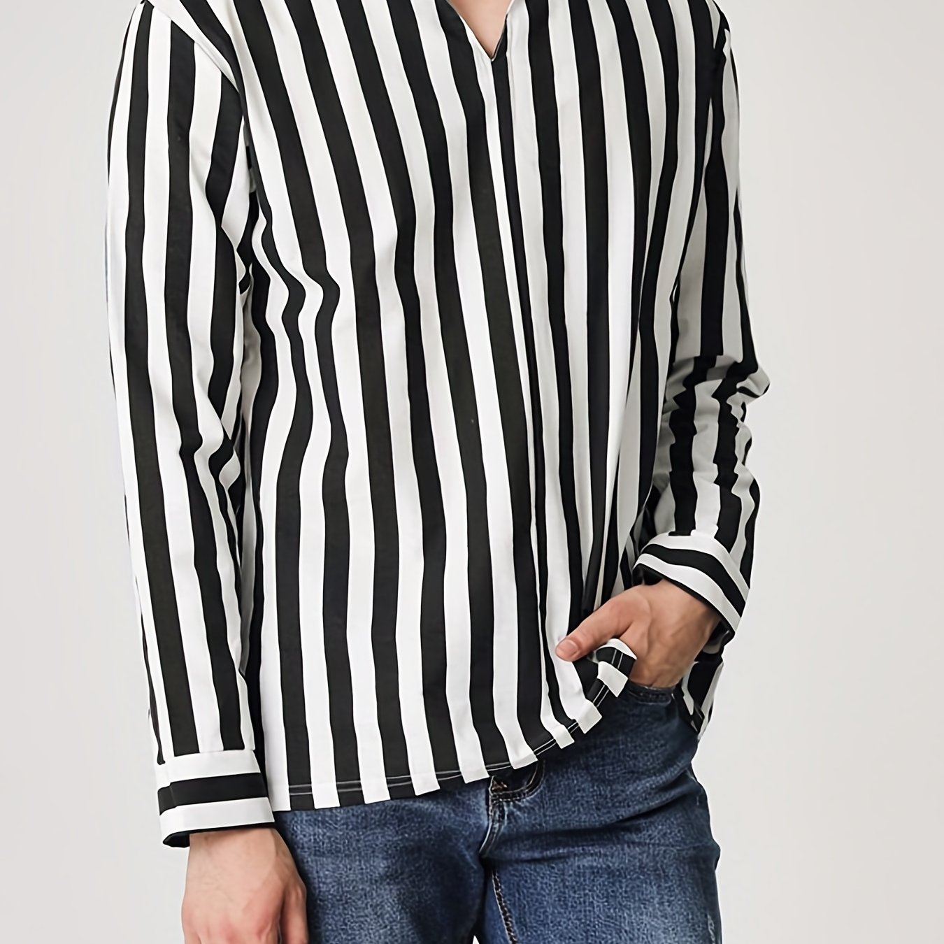 Sixsr Men's Casual Stripe V Neck Long Sleeve Shirt With No Button, Male Clothes For Spring And Summer