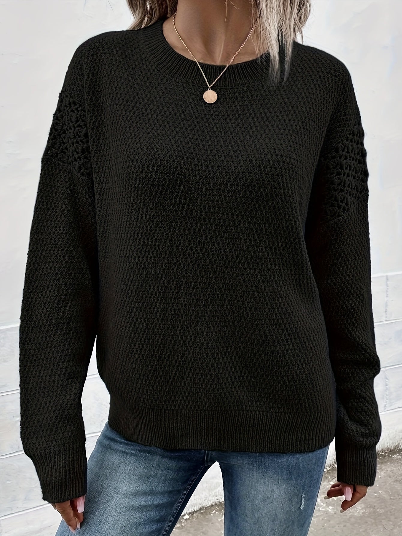 Sixsr Solid Crew Neck Pullover Sweater, Casual Long Sleeve Sweater, Women's Clothing
