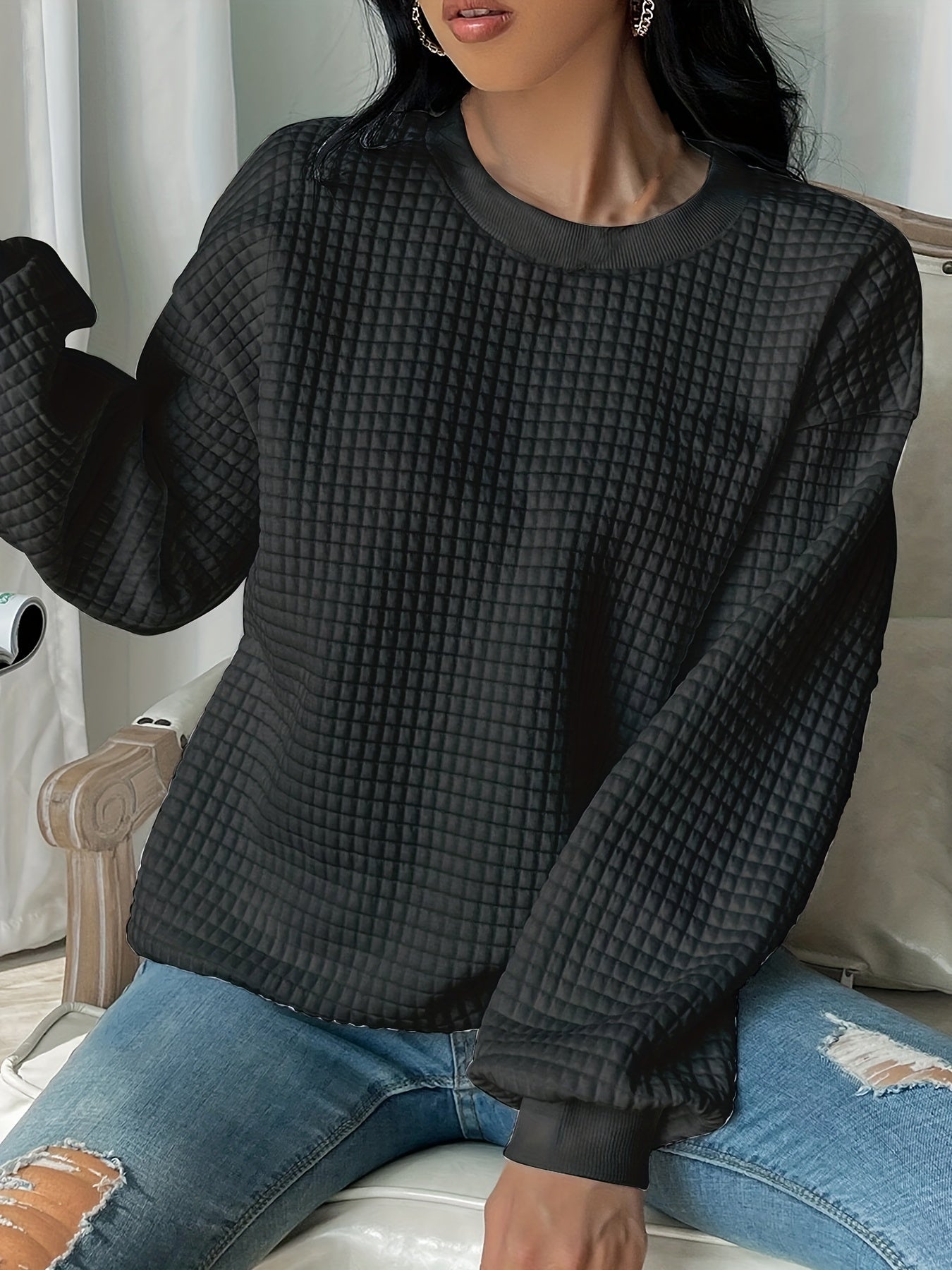 Sixsr Plus Size Casual Sweatshirt, Women's Plus Solid Waffle Pattern Long Sleeve Round Neck Sweatshirt