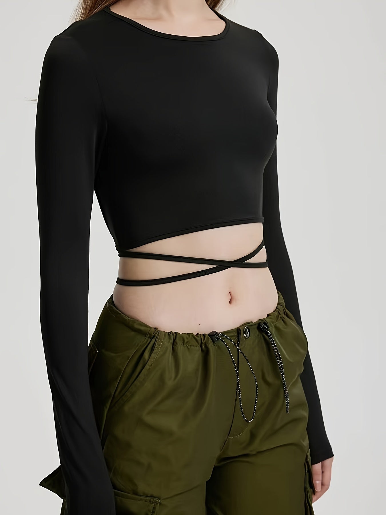 Sixsr Solid Cross Strap Mock Neck Crop T-Shirt, Casual Long Sleeve Top For Spring & Fall, Women's Clothing