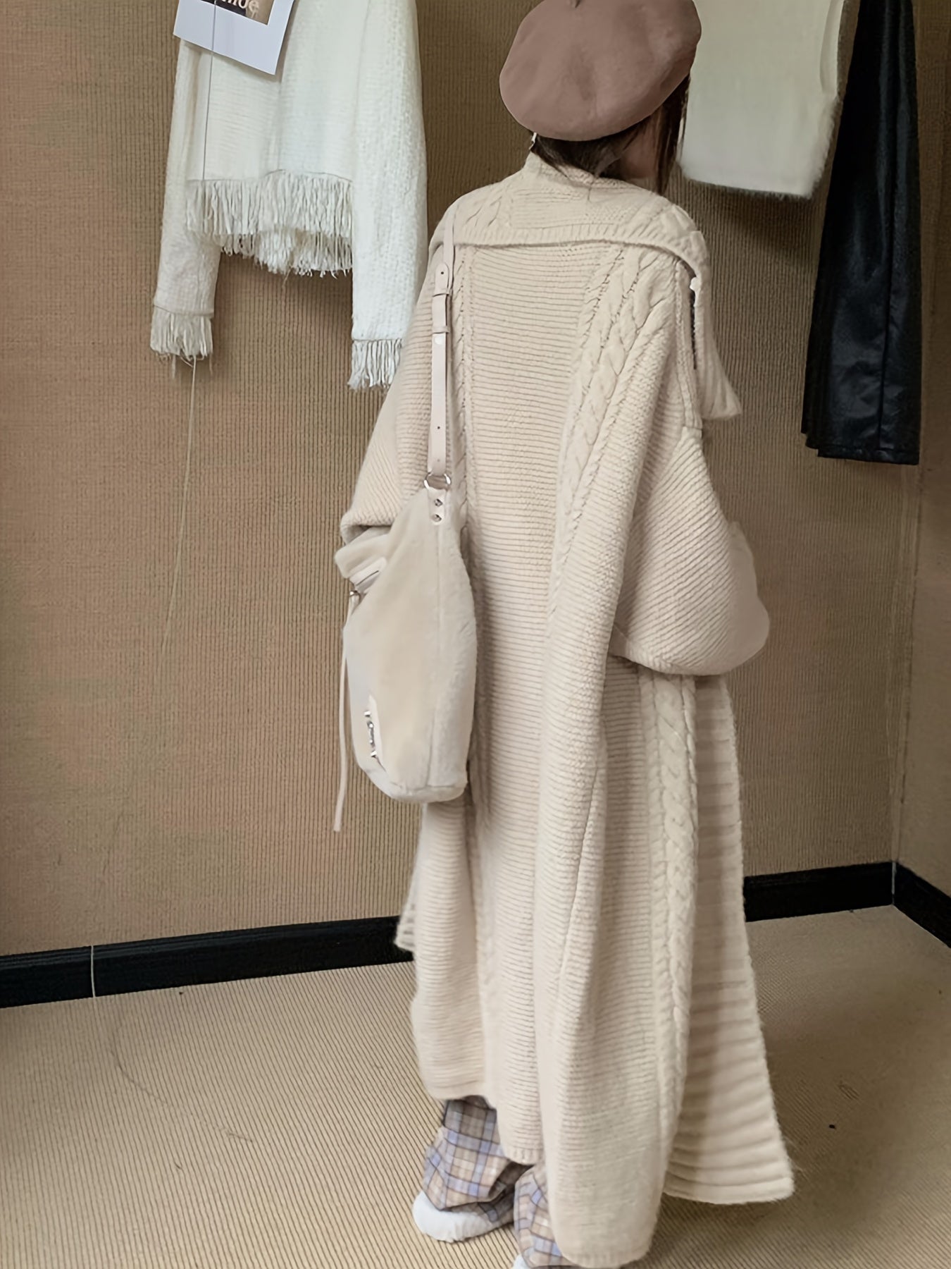 Sixsr Solid Open Front Collared Knit Cardigan, Elegant Long Sleeve Long Length Sweater Coat, Women's Clothing