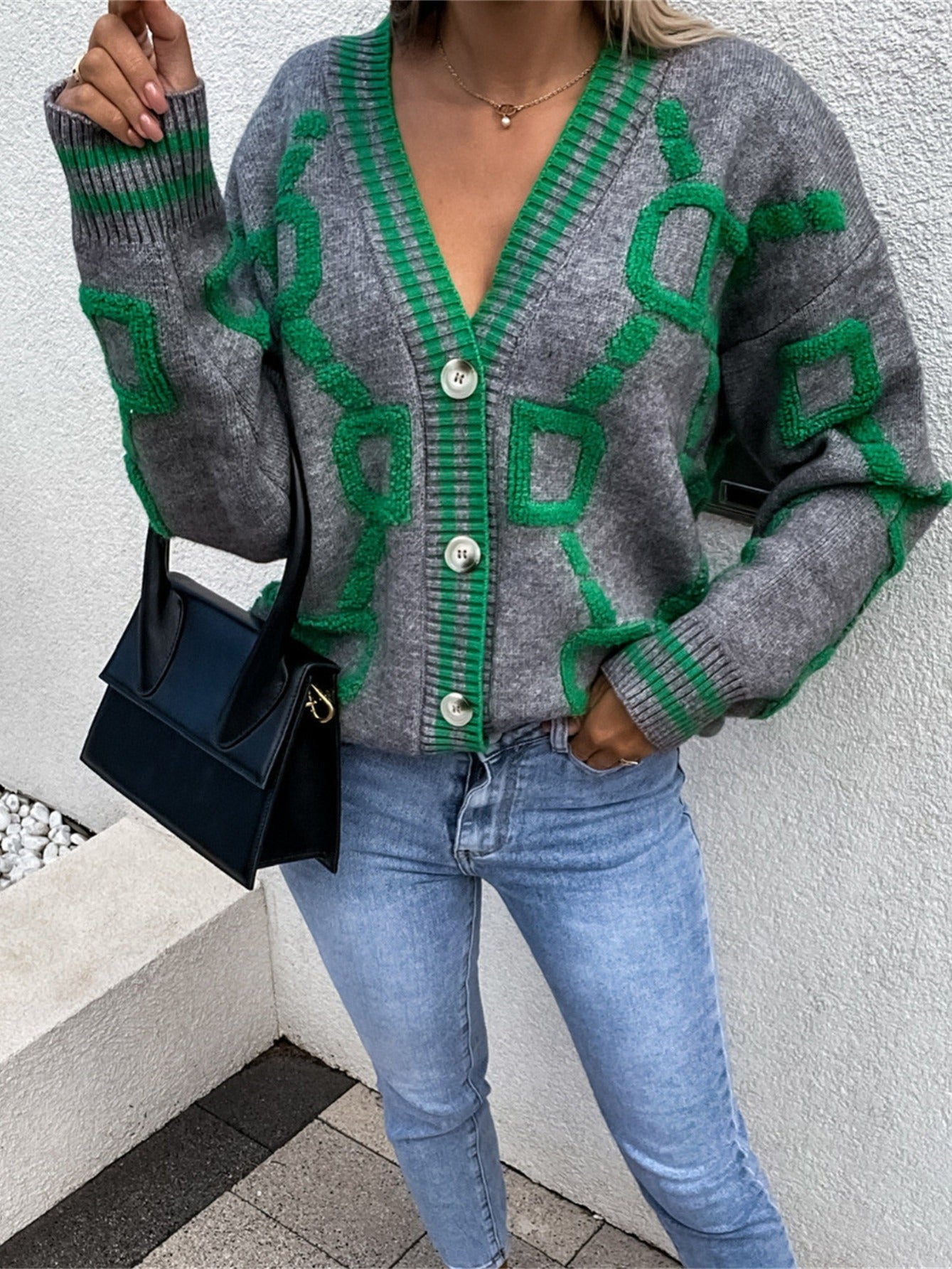 Sixsr High Contrast Knit Cardigan, V-Neck Button Up Cardigan Sweater, Casual Tops For Fall & Winter, Women's Clothing