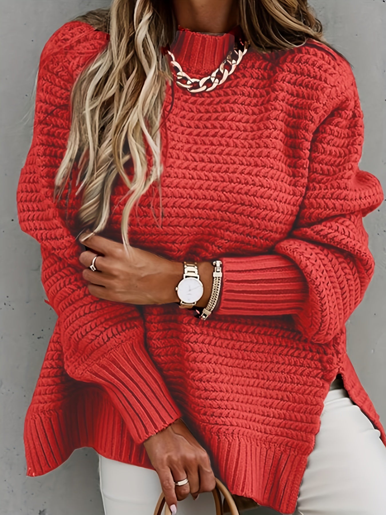 Sixsr Plus Size Casual Sweater, Women's Plus Solid Long Sleeve Round Neck Split Hem Medium Stretch Sweater
