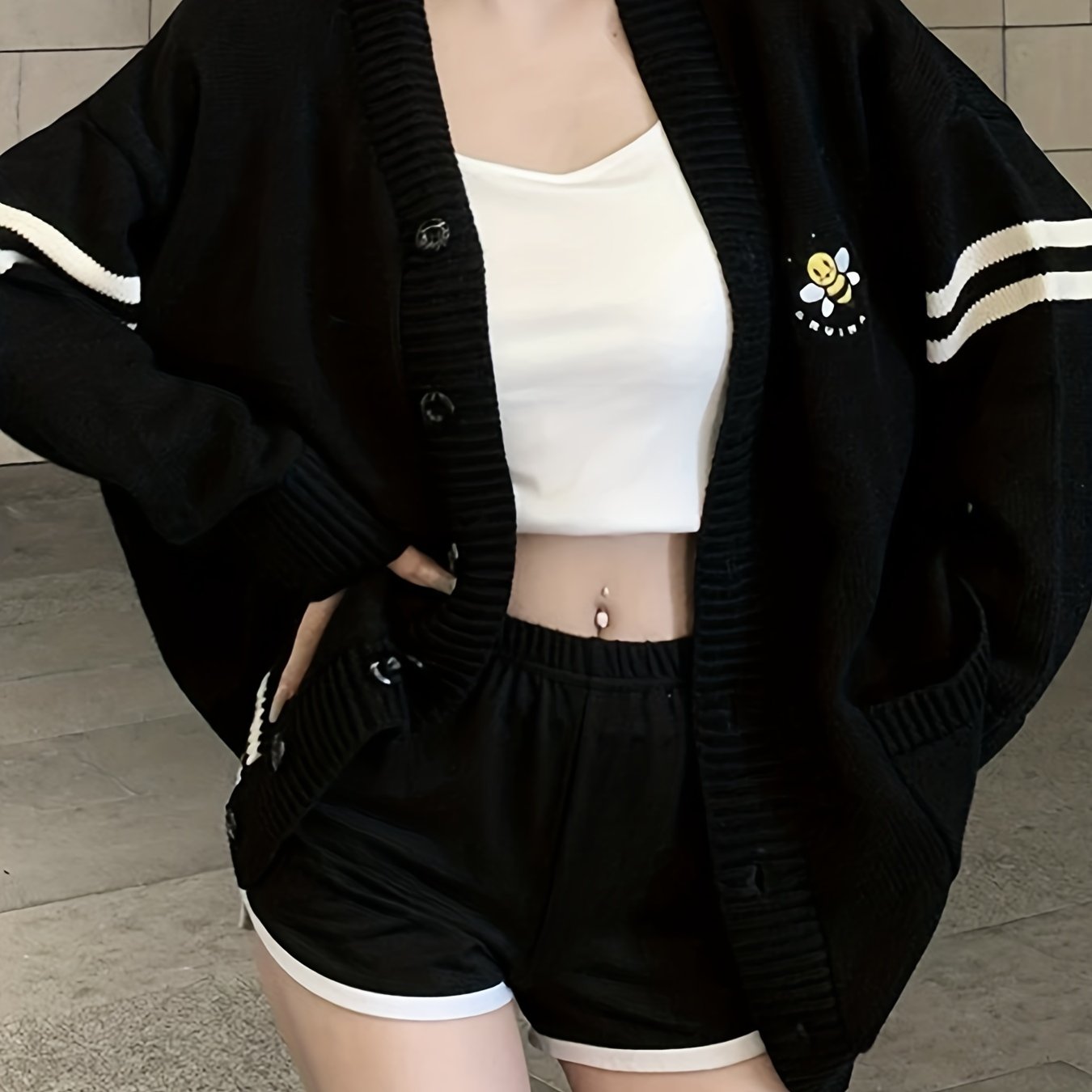 Sixsr Bee Embroidered Striped Cardigan, Casual Long Sleeve Cardigan For Fall & Winter, Women's Clothing