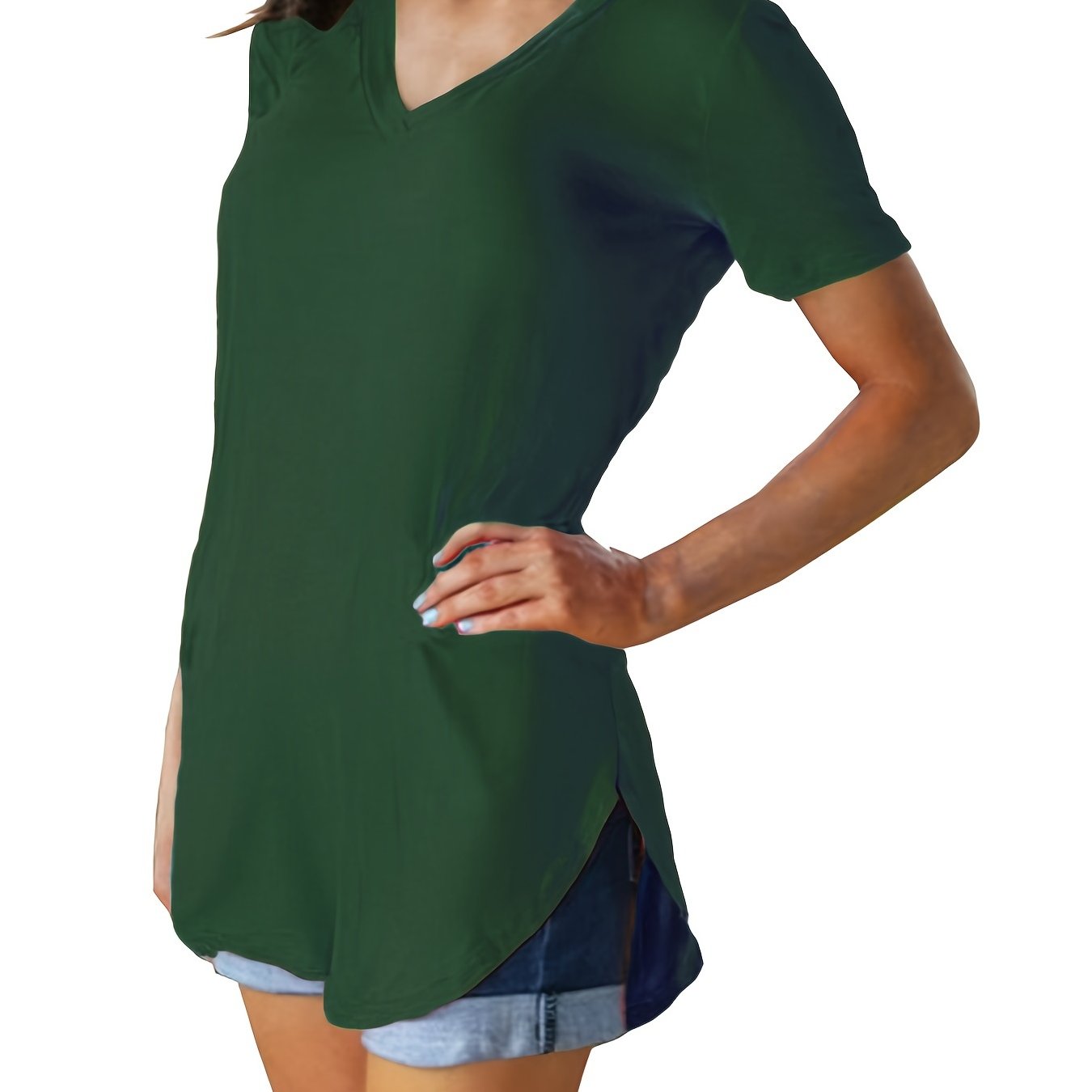 Sixsr Hem Arc Spilt Hem T-shirt, Casual V Neck Short Sleeve Summer T-shirt, Women's Clothing