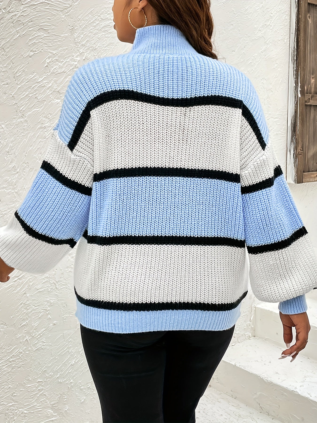 Sixsr Plus Size Colorblock Striped Round Neck Pullover Sweater, Women's Plus Slight Stretch Casual Sweater