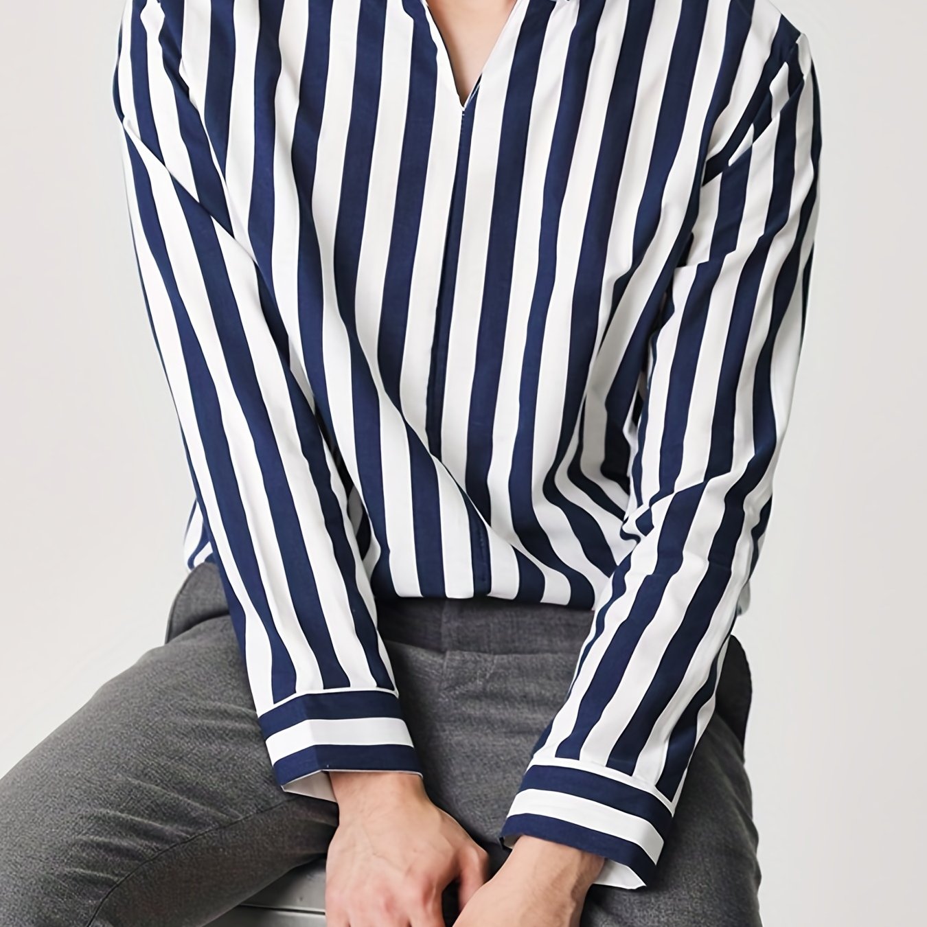 Sixsr Men's Casual Stripe V Neck Long Sleeve Shirt With No Button, Male Clothes For Spring And Summer