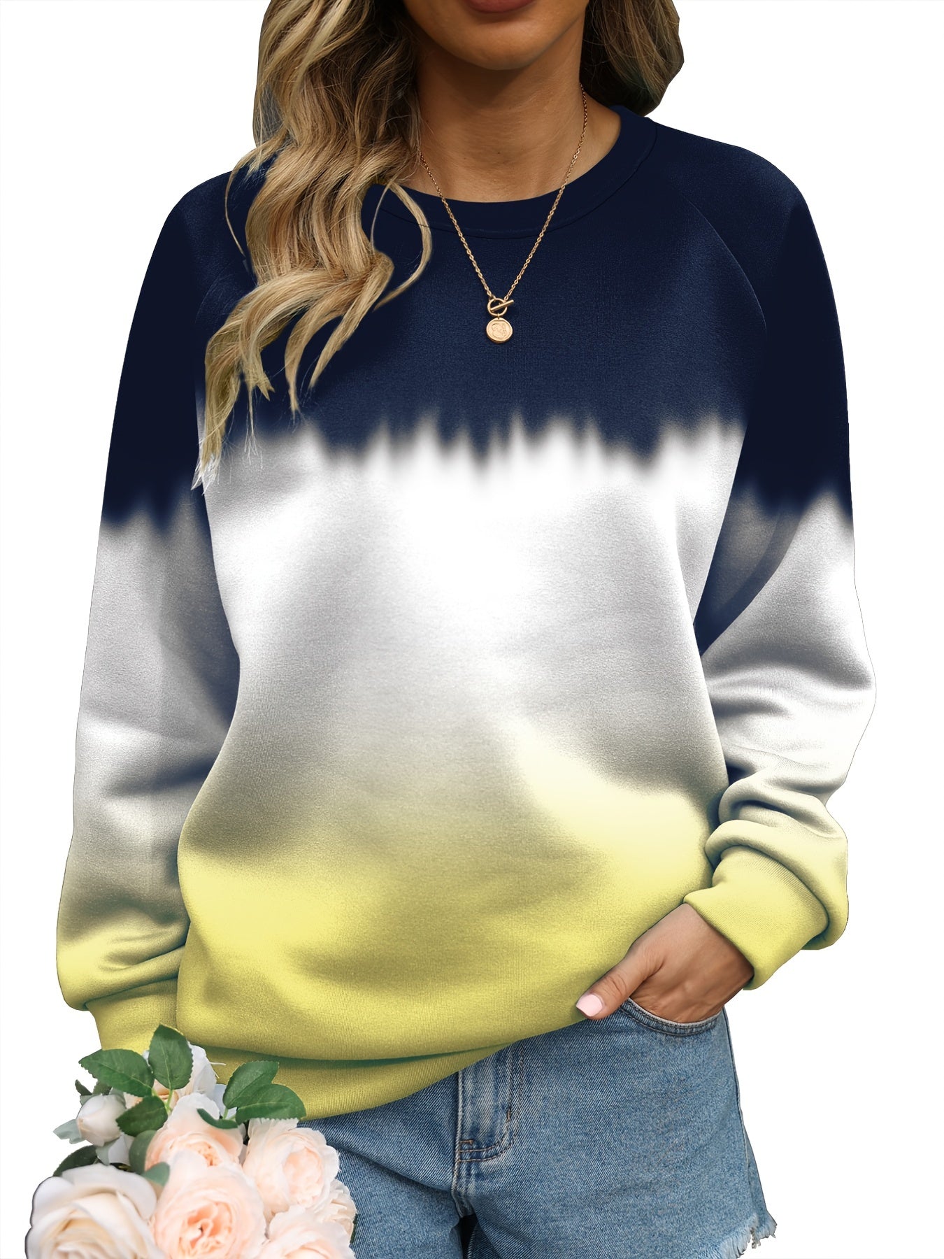 Sixsr Plus Size Casual Sweatshirt, Women's Plus Colorblock Ombre Print Long Sleeve Round Neck Slight Stretch Pullover Sweatshirt