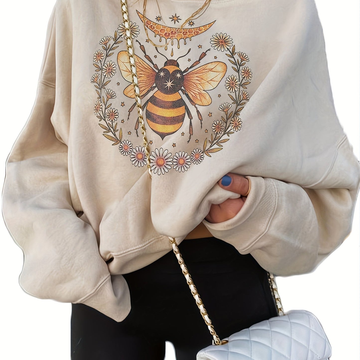 Sixsr Round Neck Bee Print Pullover, Casual Fashion Loose Long Sleeve Sweatshirt, Women's Clothing