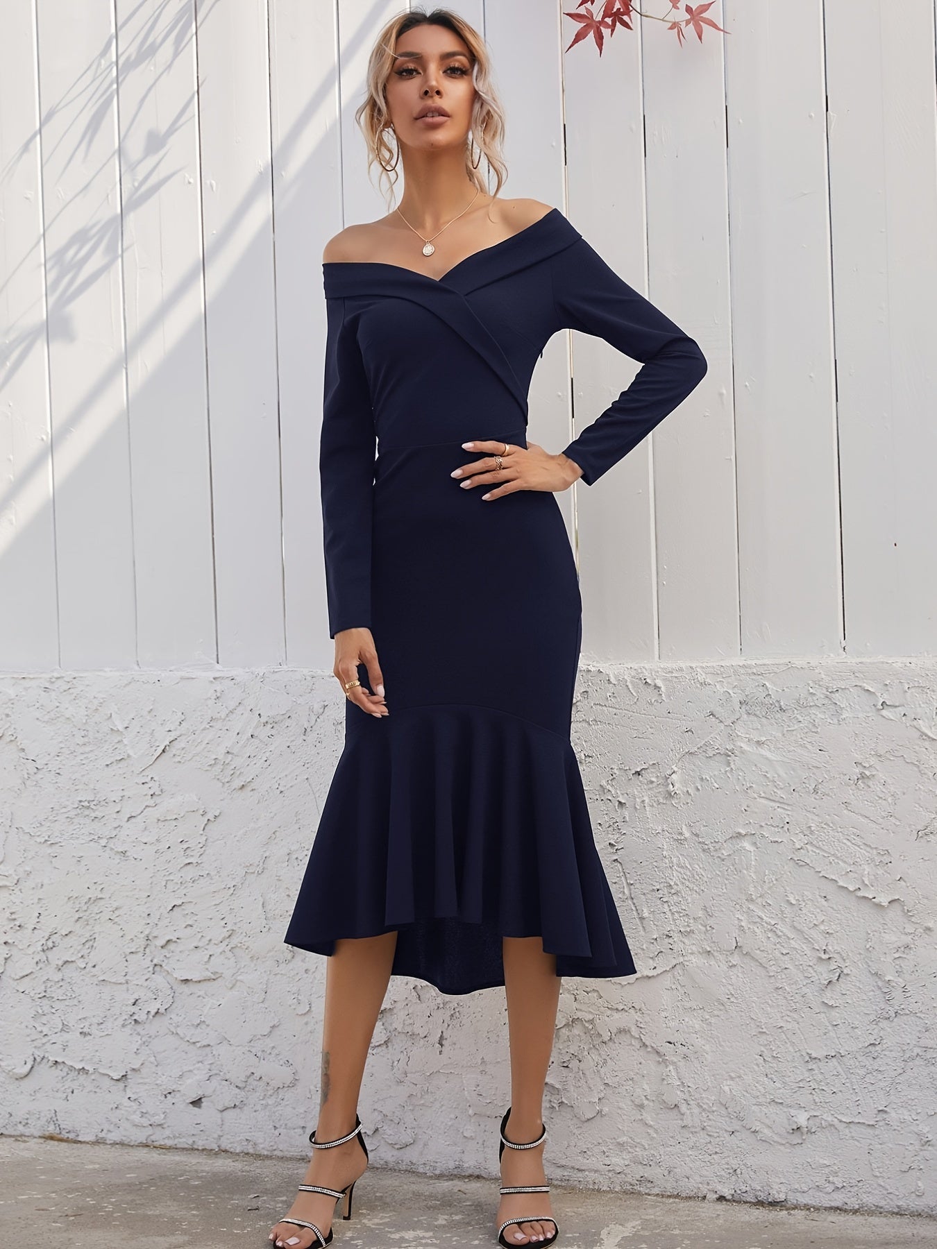 Sixsr Ruffle Hem Off Shoulder Dress, Elegant Long Sleeve Solid Dress, Women's Clothing