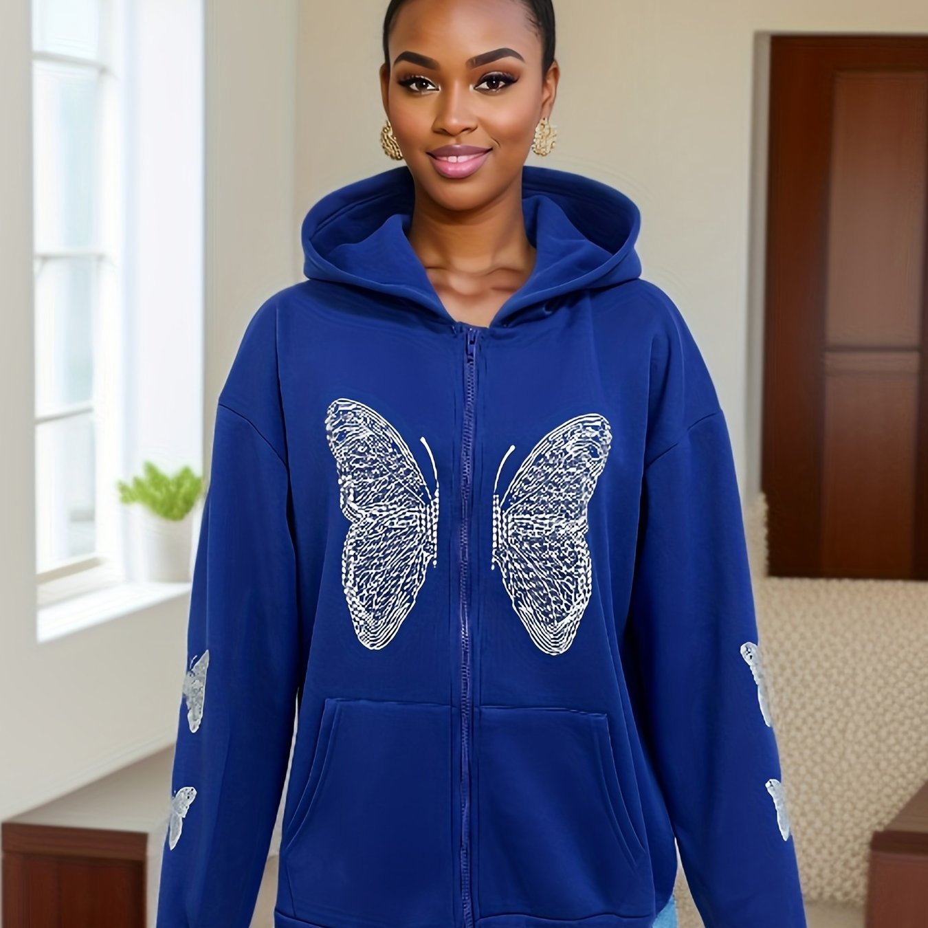 Sixsr Y2K Butterfly Print Sweatshirt, Long Sleeve Crew Neck Zip Up Hoodies Sweatshirts, Casual Tops For Fall & Winter, Women's Clothing