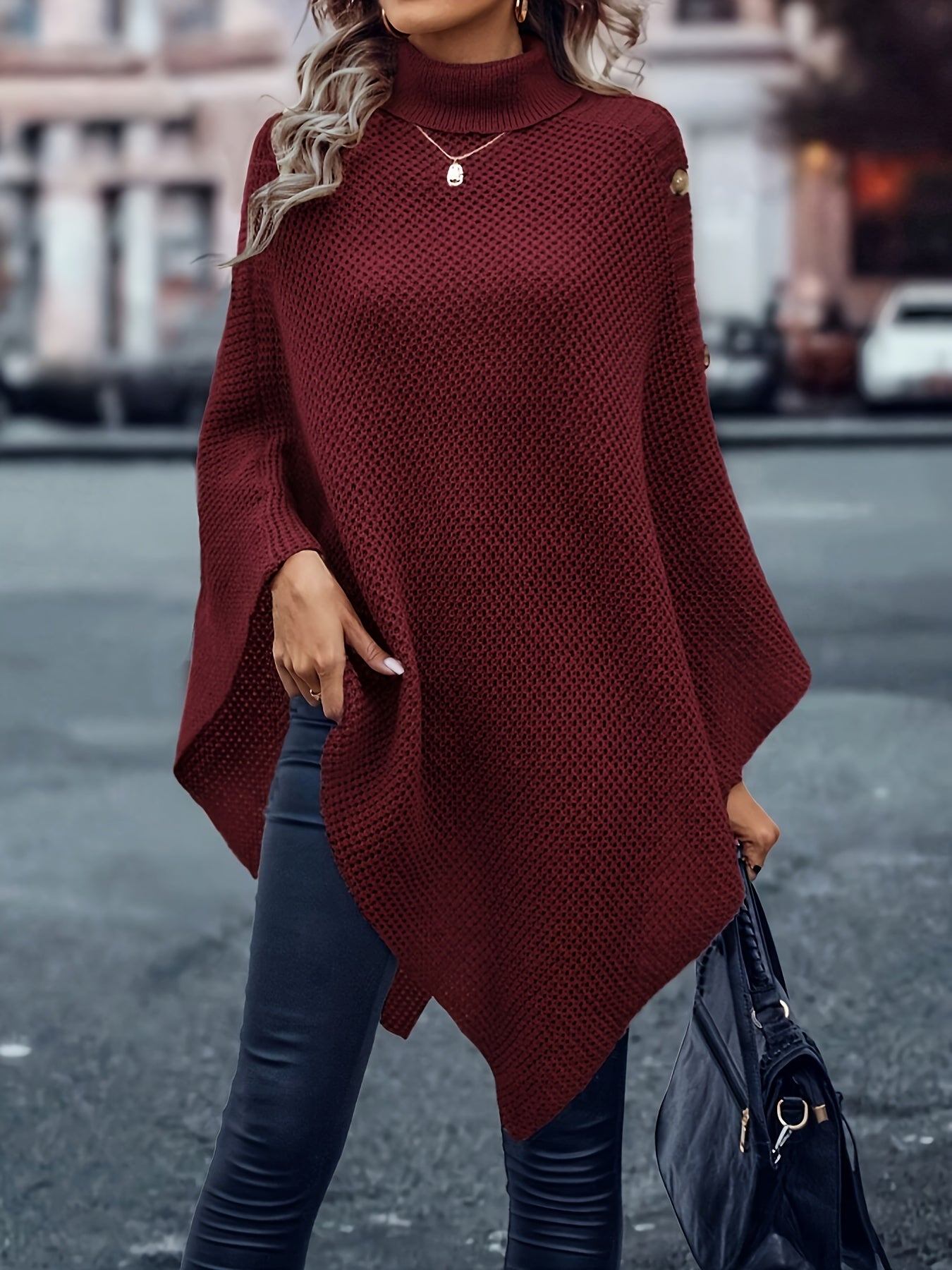 Sixsr Solid Cape Knit Sweater, Elegant Turtleneck Asymmetrical Hem Sweater, Women's Clothing