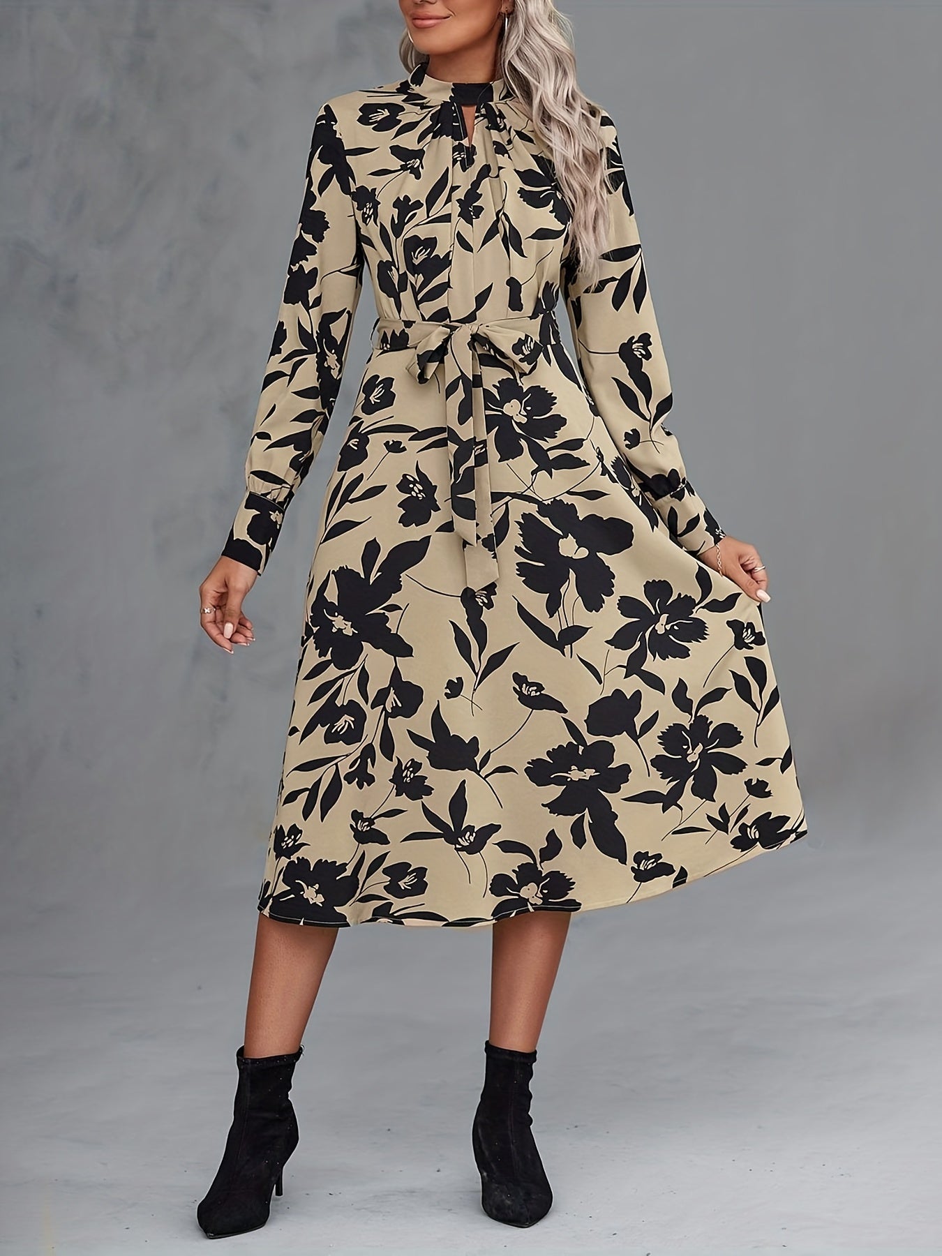 Sixsr Floral Print Keyhole Dress, Casual Stand Collar Long Sleeve Dress For Spring & Fall, Women's Clothing