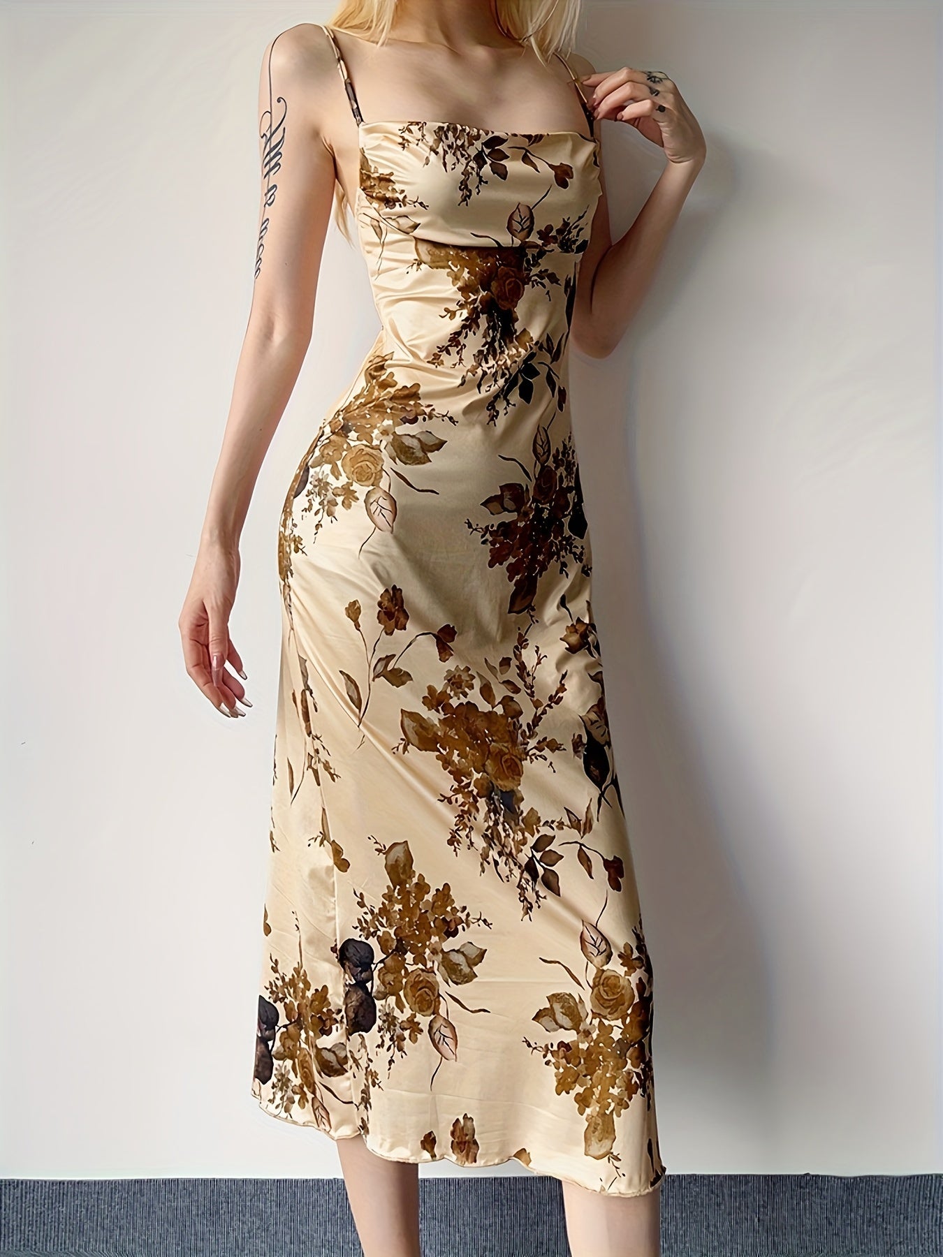 Sixsr Floral Print Spaghetti Strap Dress, Chic Backless Slim Dress, Women's Clothing