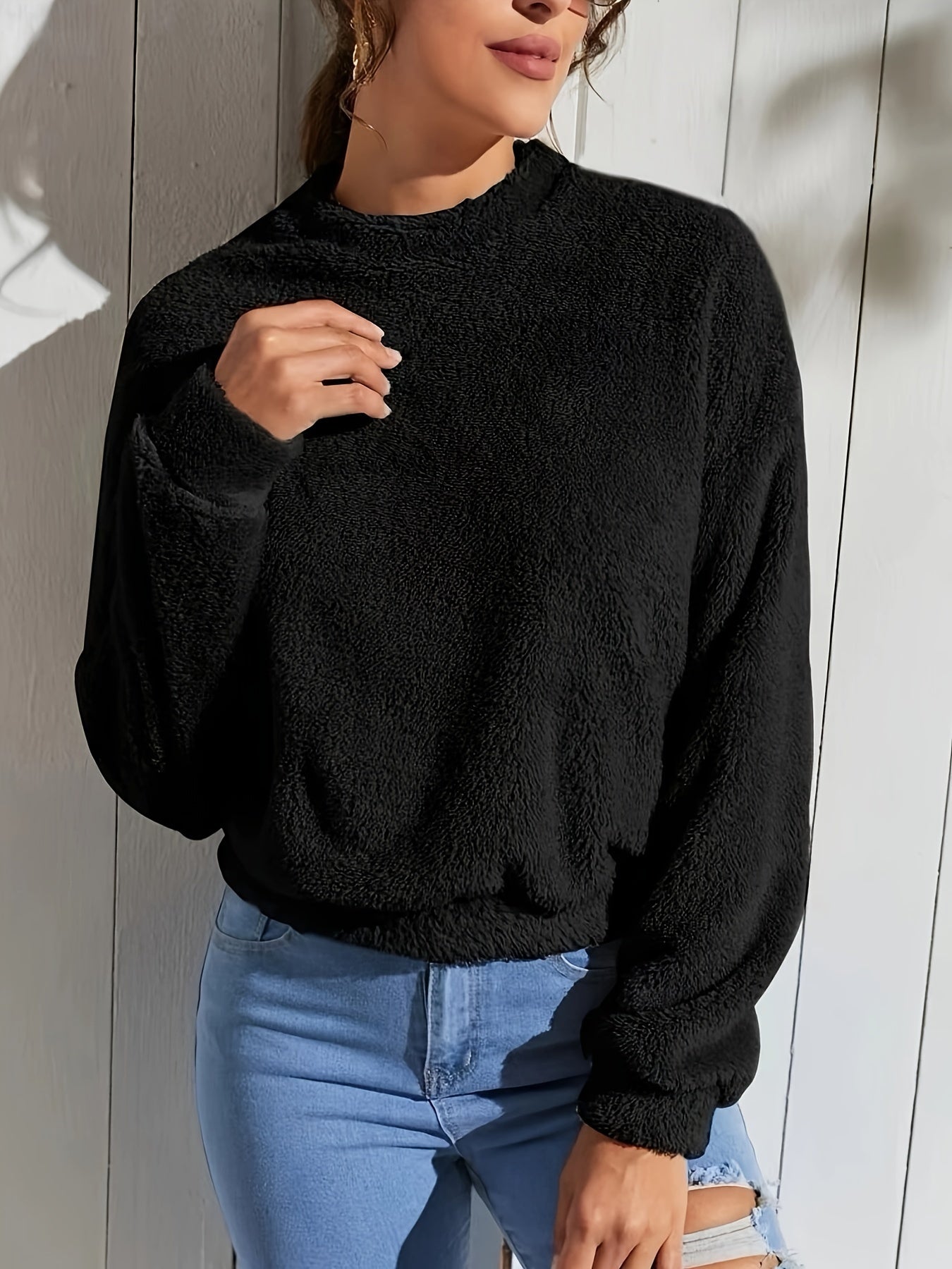 Sixsr Solid Plush Drop Shoulder Sweatshirt, Versatile Long Sleeve Crew Neck Sweatshirt, Women's Clothing