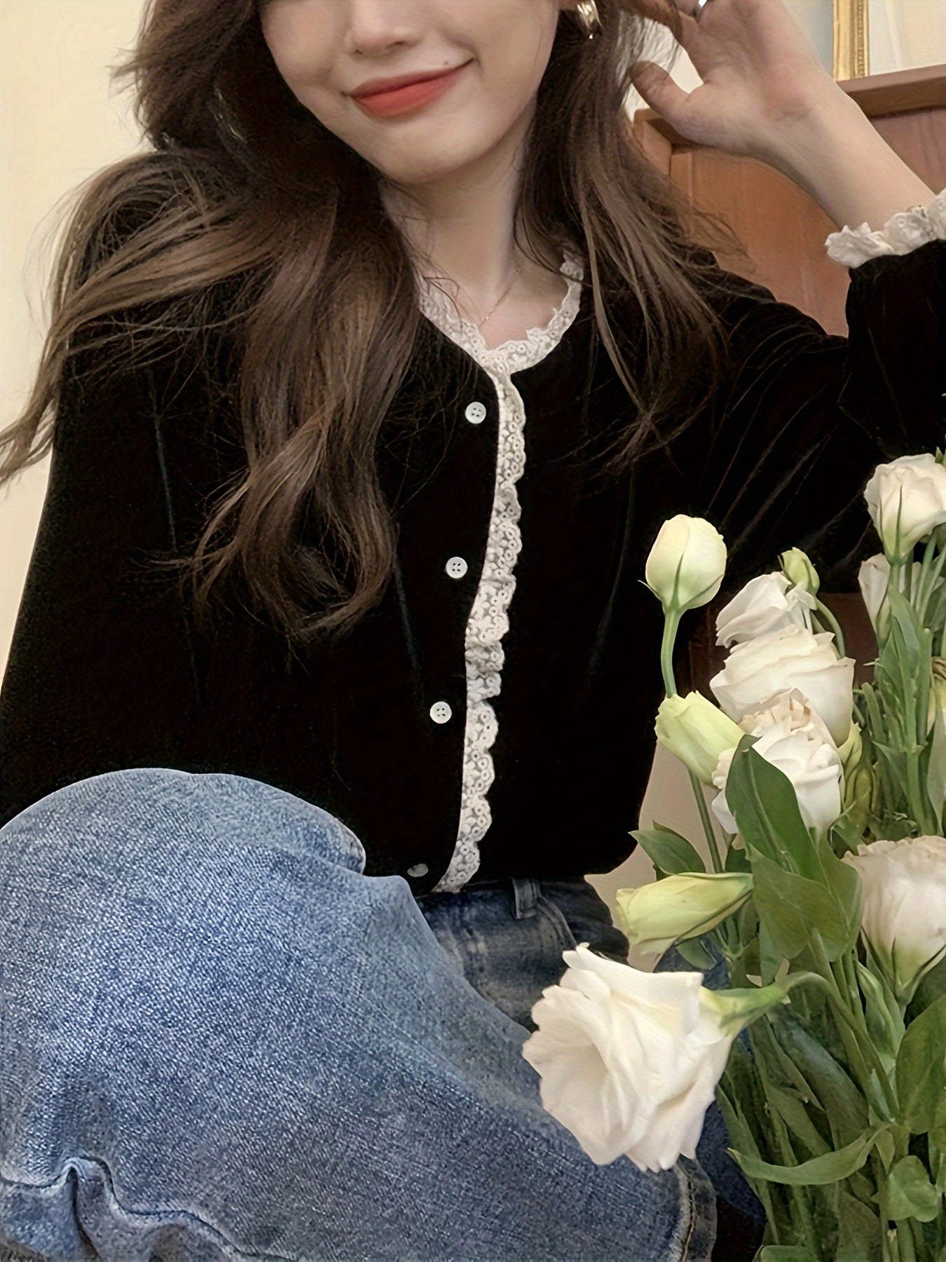 Sixsr Lace Stitching V-neck Velvet Blouse, Vintage Long Sleeve Button Front Blouse For Spring & Fall, Women's Clothing