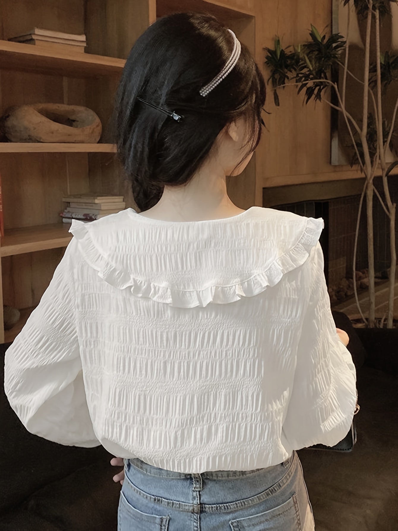 Sixsr Solid Textured Peter Pan Collar Blouse, Sweet Long Sleeve Button Front Blouse For Spring & Fall, Women's Clothing