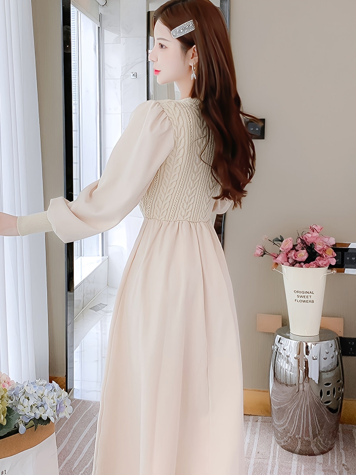 Sixsr Crew Neck Knitted Maxi Dress, Elegant Solid Color Button Long Sleeve Sweater A-line Dress For Fall & Winter, Women's Clothing
