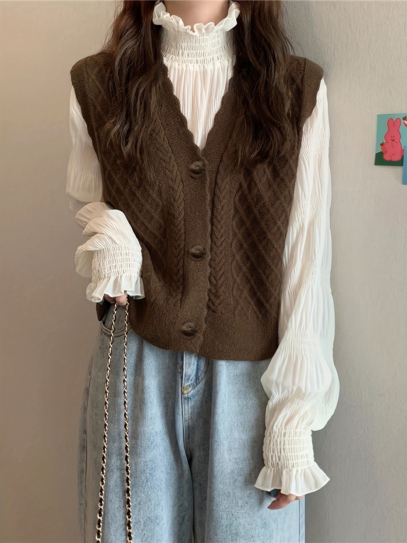 Sixsr Cable Knit Button Sweater Vest, Casual Sleeveless V Neck Scallop Trim Sweater, Women's Clothing