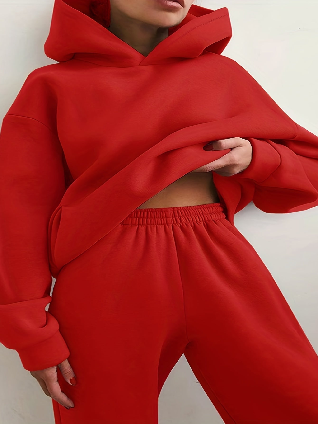 Sixsr Casual Solid Two-piece Set, Drop Shoulder Long Sleeve Hoodies & Elastic Waist Jogger Pants Outfits, Women's Clothing