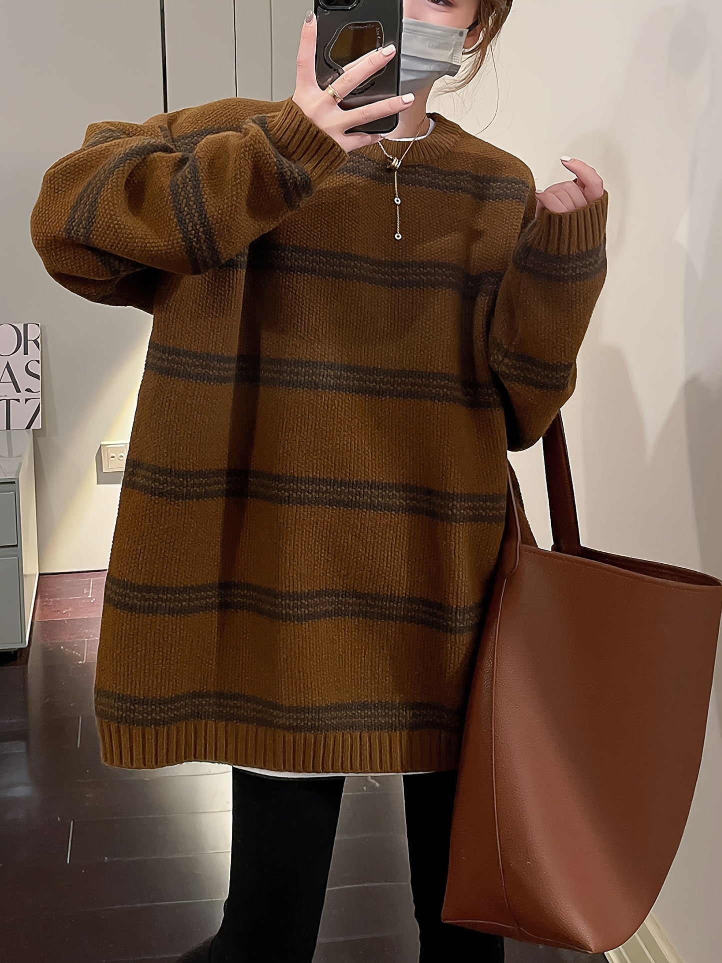 Sixsr Striped Crew Neck Pullover Sweater, Vintage Long Sleeve Oversized Slouchy Sweater, Women's Clothing