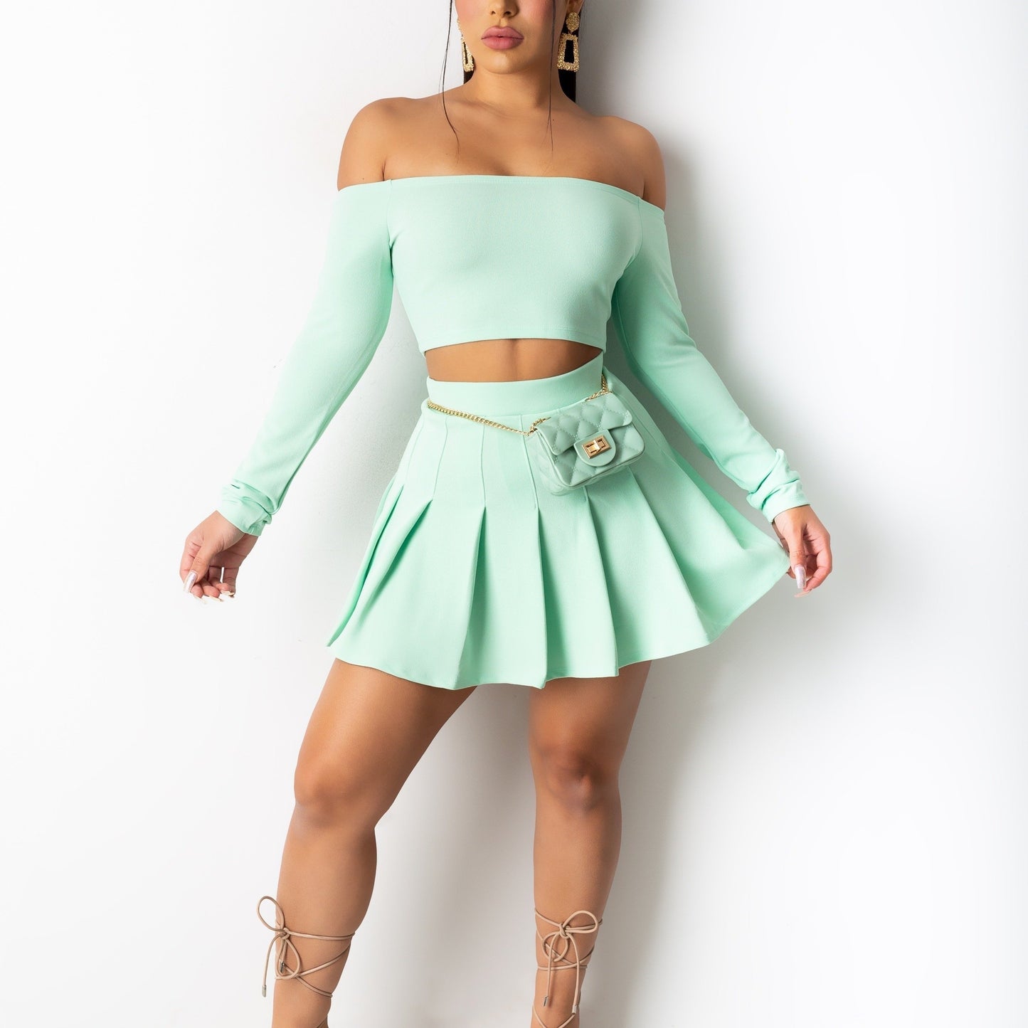 Sixsr Solid Elegant Two-piece Set, Off Shoulder Long Sleeve Crop Top & Pleated Mini Skirt Outfits, Women's Clothing