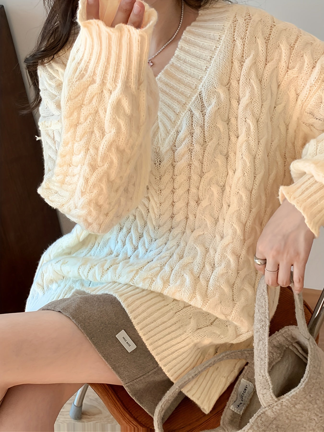 Sixsr Oversized V Neck Knitted Pullover Sweater, Elegant Long Sleeve Sweater For Fall & Winter, Women's Clothing