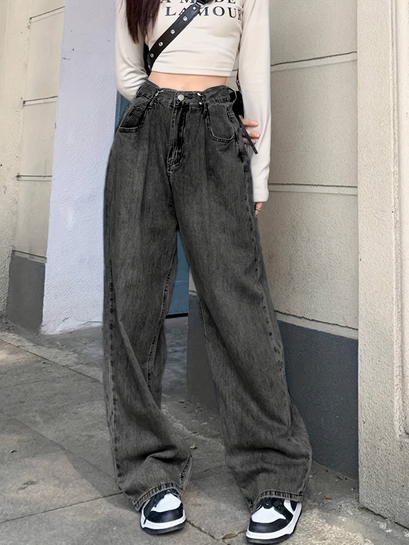 Sixsr Blue Adjustable Buckle Waist Straight Jeans, Loose Fit Slant Pockets High Waist Wide Legs Jeans, Women's Denim Jeans & Clothing