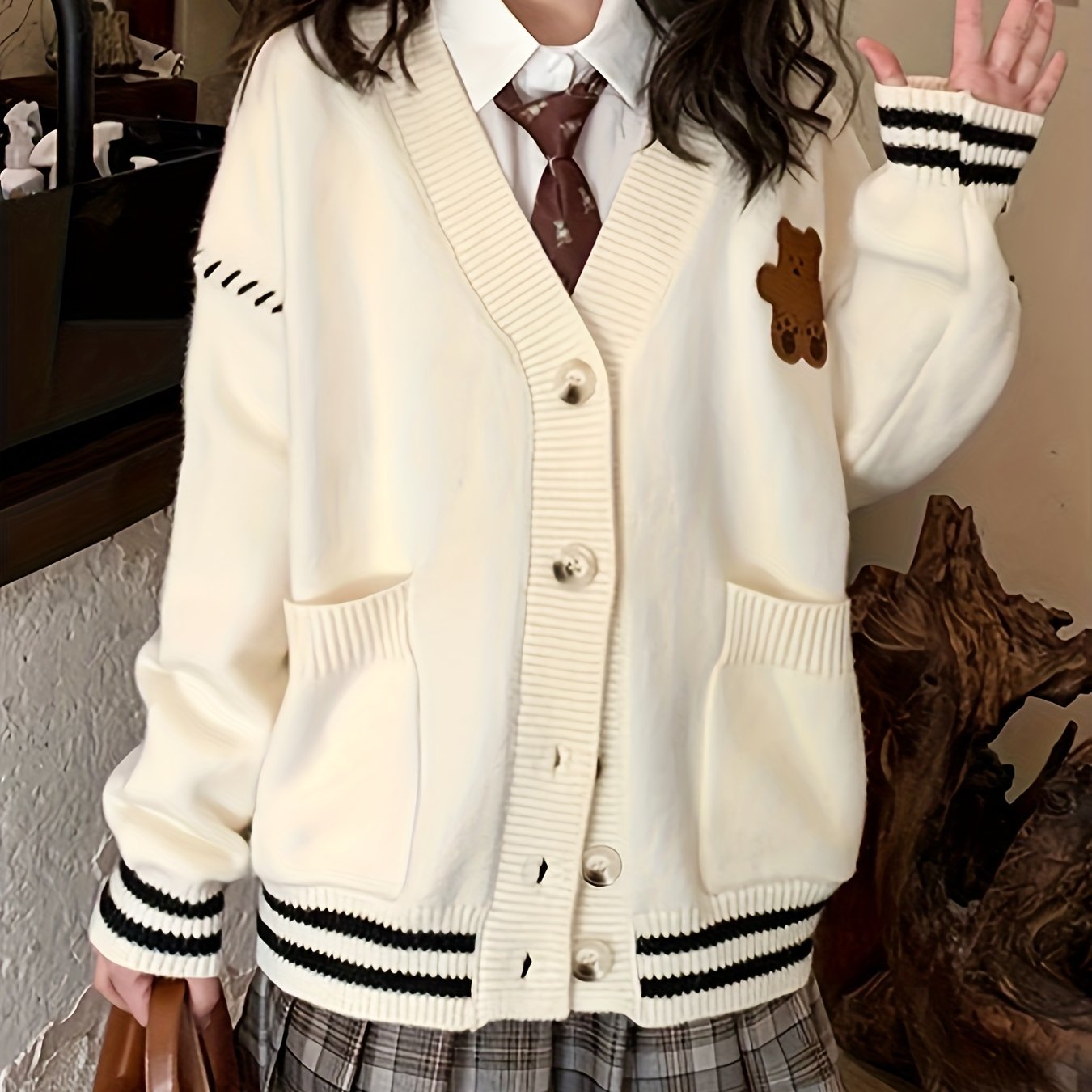 Sixsr Cartoon Bear Embroidered Knit Cardigan, Elegant V Neck Button Front Long Sleeve Sweater, Women's Clothing