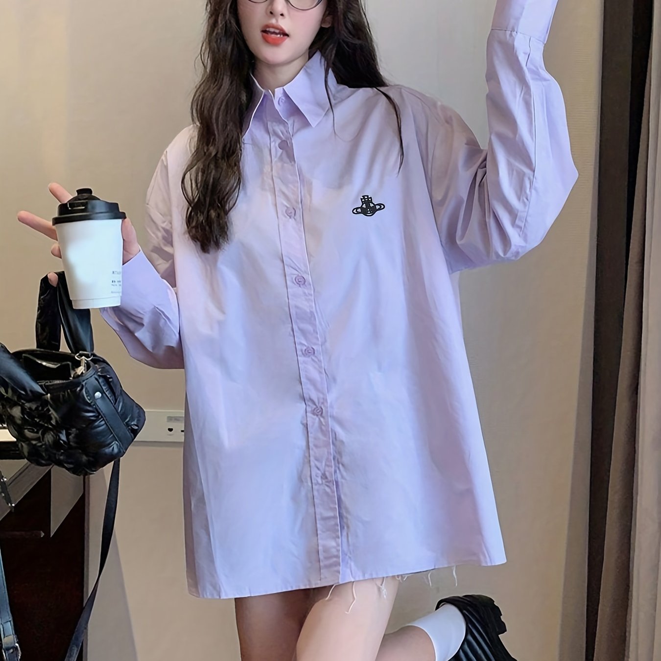 Sixsr Embroidered Solid Shirt, Casual Oversized Button Front Long Sleeve Shirt, Women's Clothing